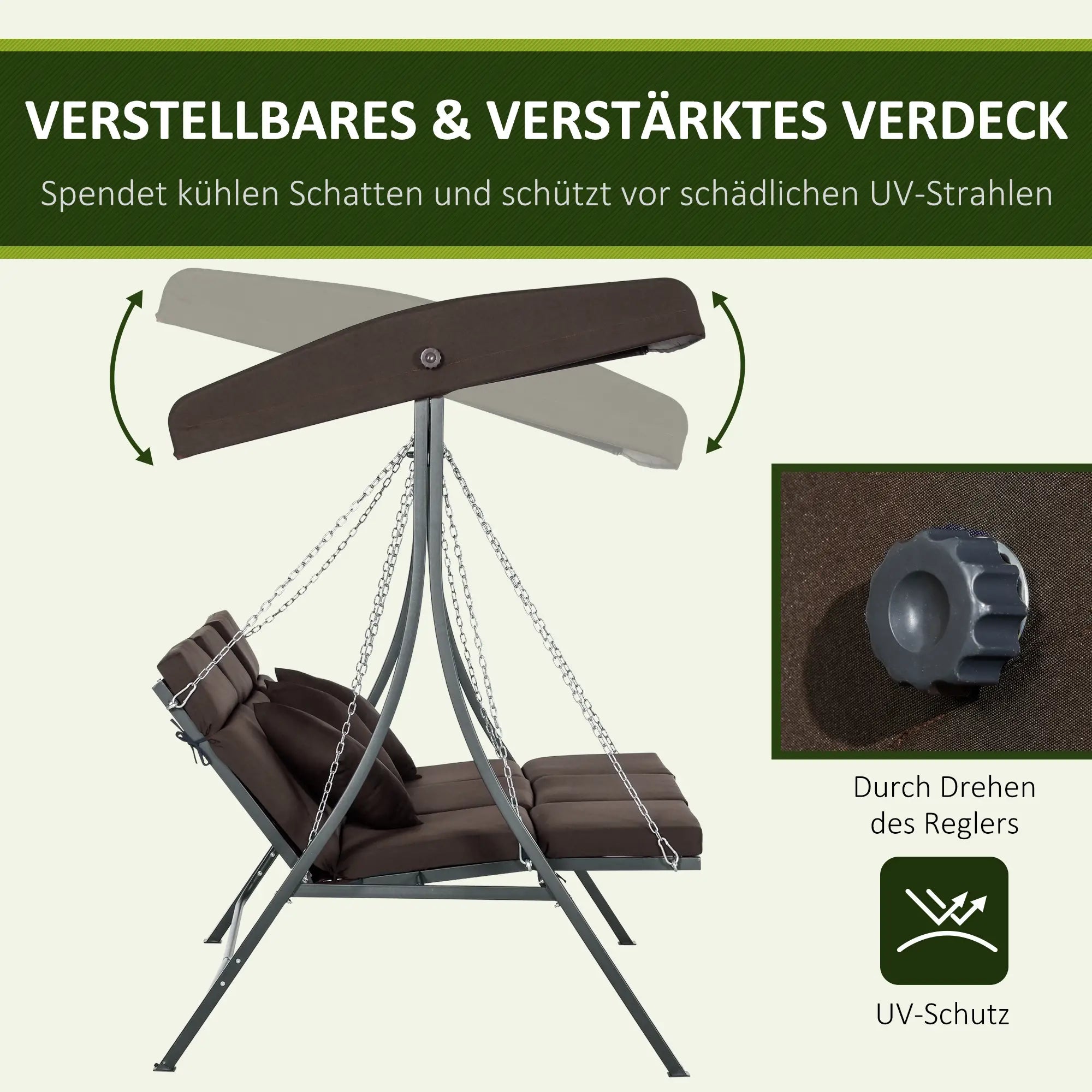 Outsunny Hollywoodschaukel, für 3 Personen, verstellbares Sonnendach, bis 270 kg, braun, 198 x 118 x 168 cm