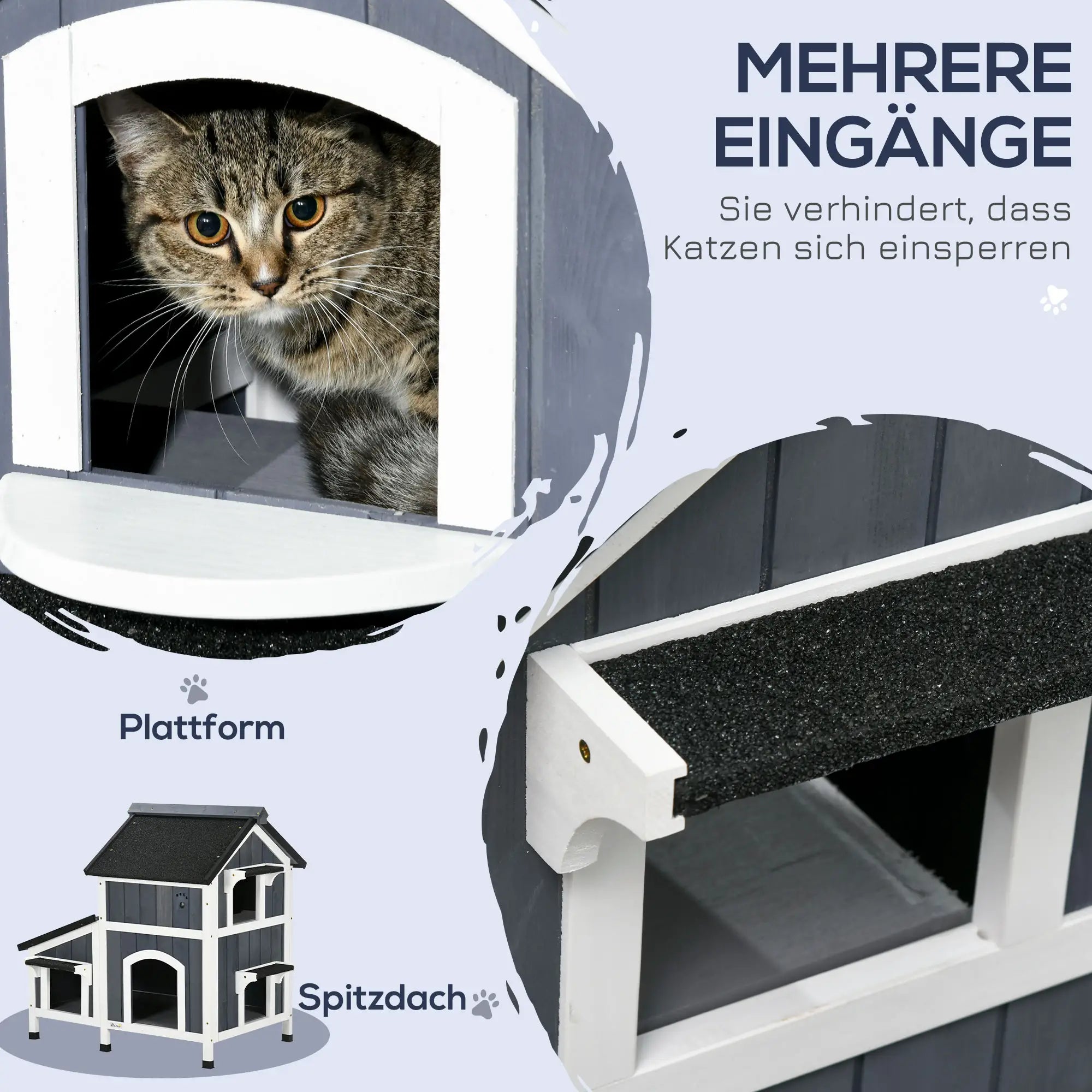 PawHut Outdoor-Katzenhaus, zweistöckig, Bodenabstand, Naturholz, Asphaltdach, grau, 96 x 65 x 85,5 cm