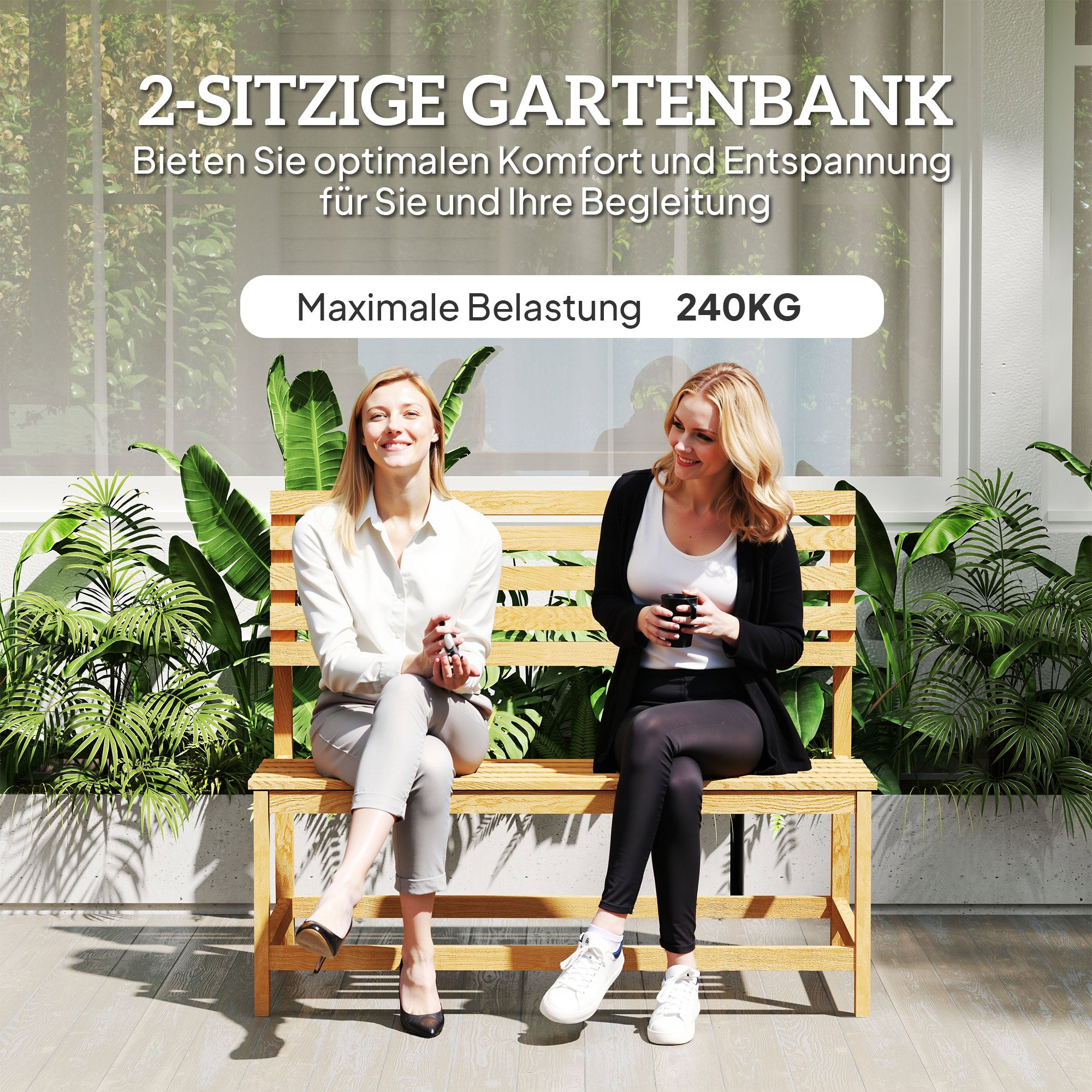 Outsunny 2-Sitzer Gartenbank Holz, wetterfest Sitzbank, UV-Beständig Gartenmöbel mit Umwandelbare Rückenlehnen 110x61x89cm, Teak