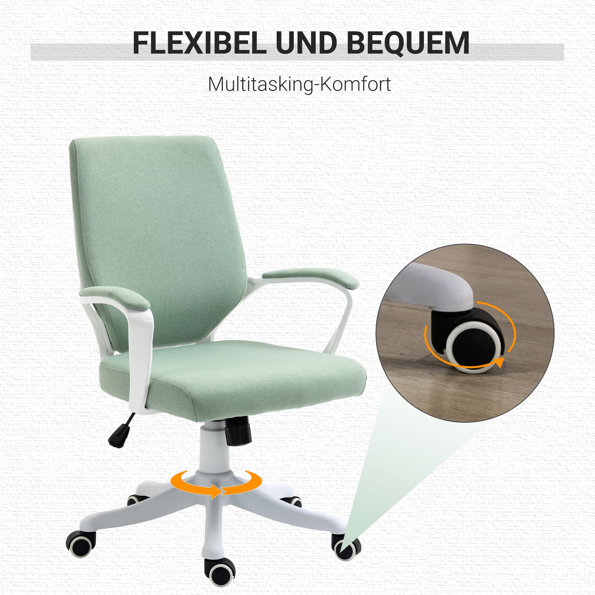 Vinsetto Bürostuhl Schreibtischstuhl Home-Office-Stuhl mit Wippenfunktion Rückenlehne höhenverstellbarer dick gepolstert ergonomisch 360°-Drehräder Polyester Nylon PP Grün+Weiß 62x69x92-100 cm
