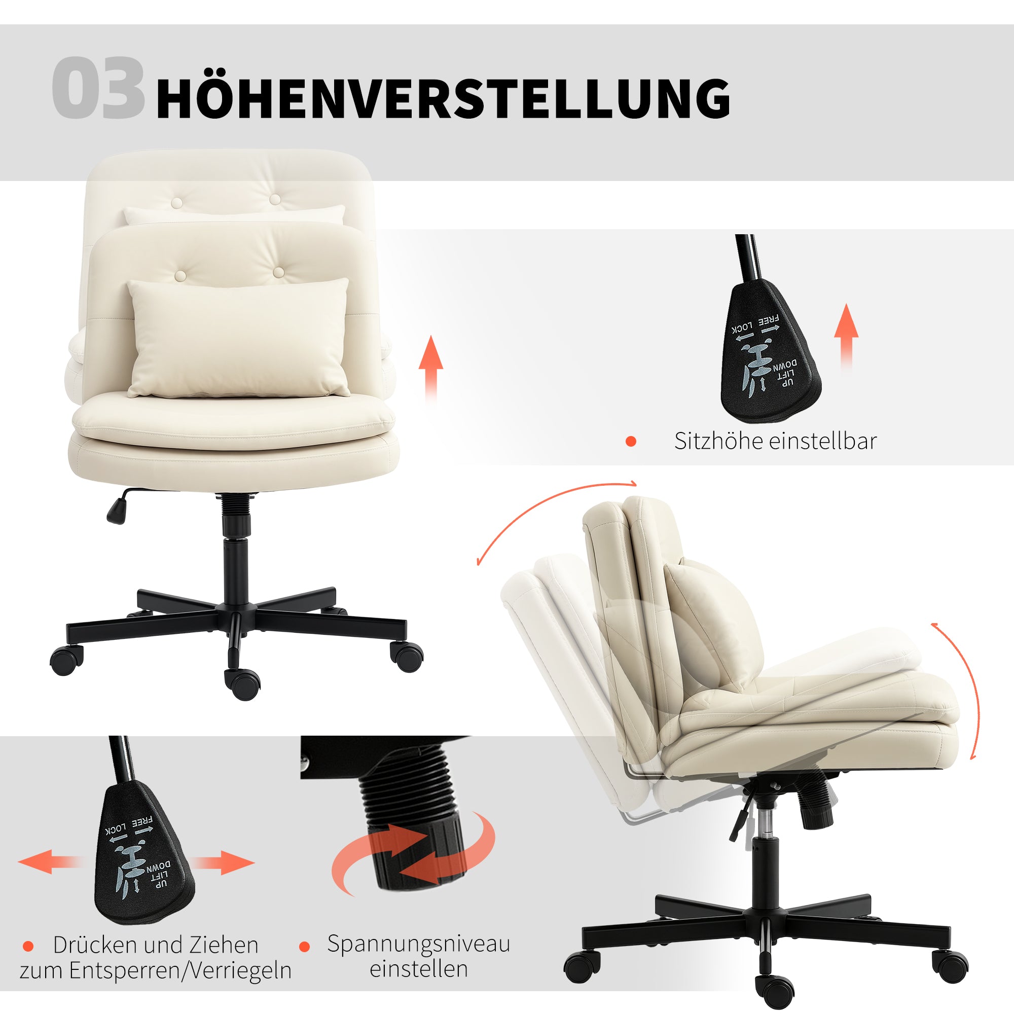 HOMCOM Armloser Bürostuhl mit Kunstleder-Bezug, Schreibtischstuhl mit Rollen, Extra-Kissen, höhenverstellbar, rollbar, Beige