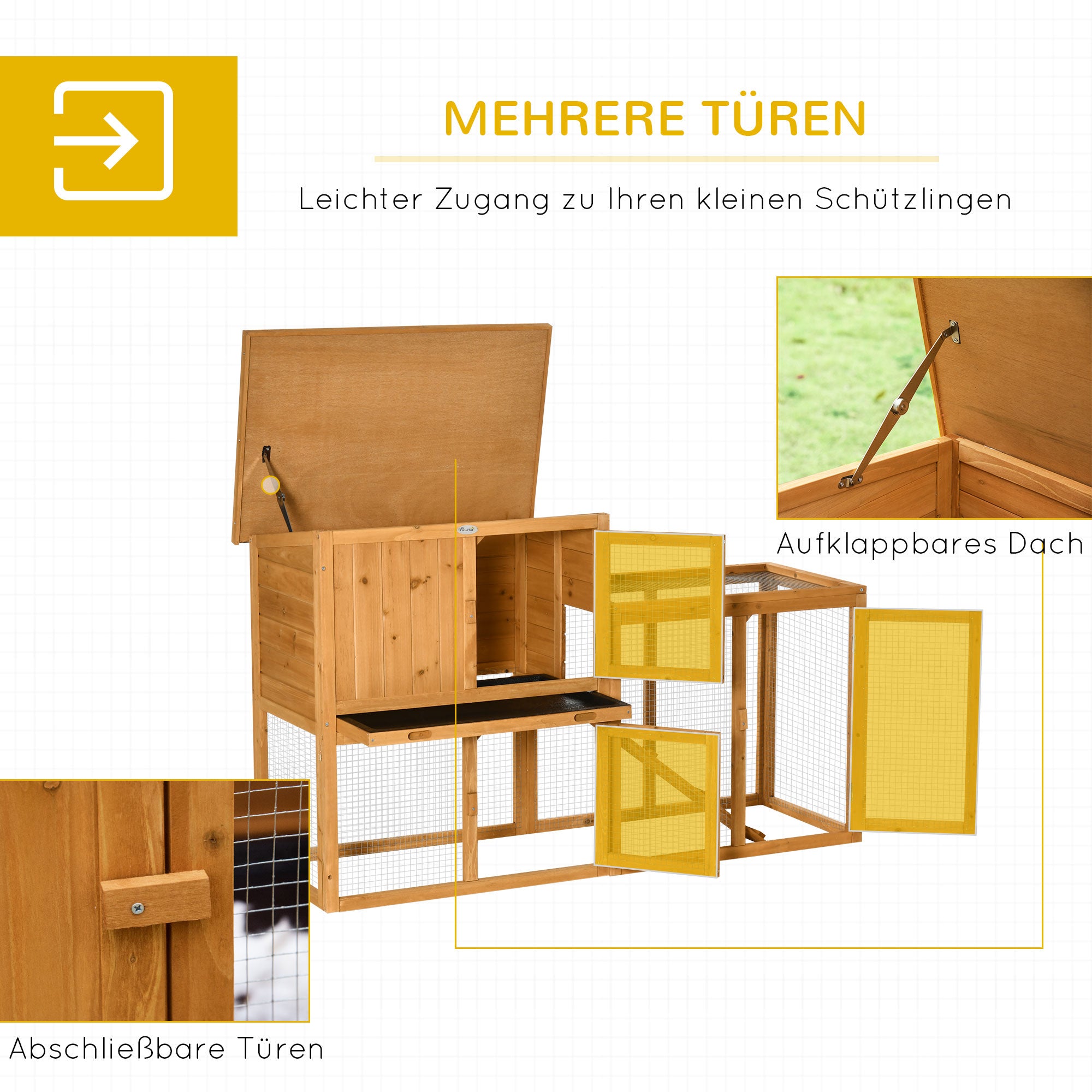 PawHut Kleintierstall mit Freigehege, herausnehmbare Bodenwanne, wetterbeständig, 141 cm x 60 cm x 86 cm, Braun