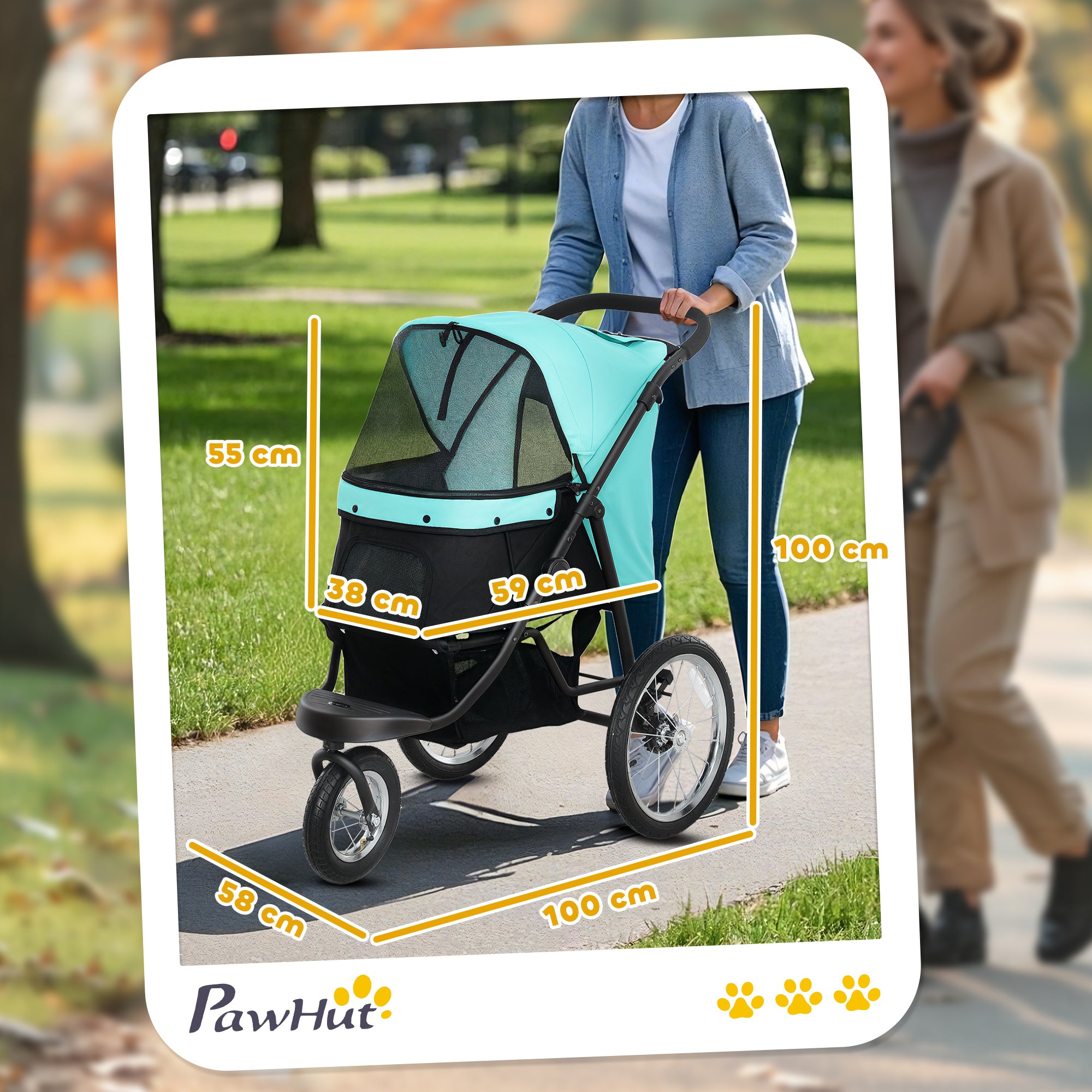 PawHut Hundebuggy, Haustierwagen für kleine Hunde und Katzen, mit Aufbewahrungskorb, Ein-Klick-Faltdesign, Türkis