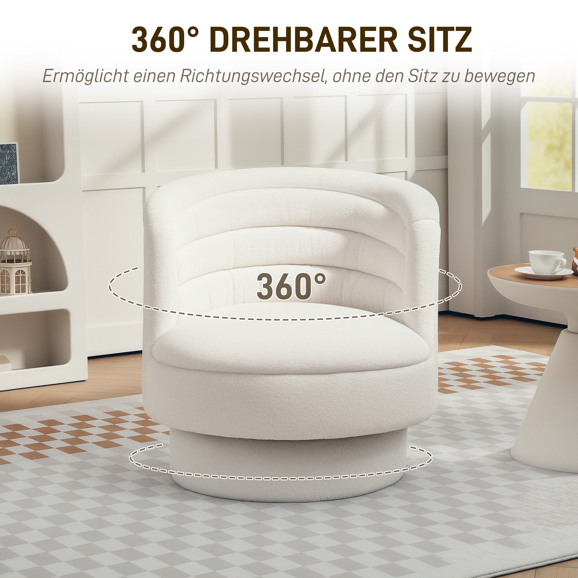 HOMCOM Drehbarer Polstersessel, Moderner Lounge-Sessel mit Kautschukholzrahmen, für Wohnzimmer, Schlafzimmer, Cremeweiß