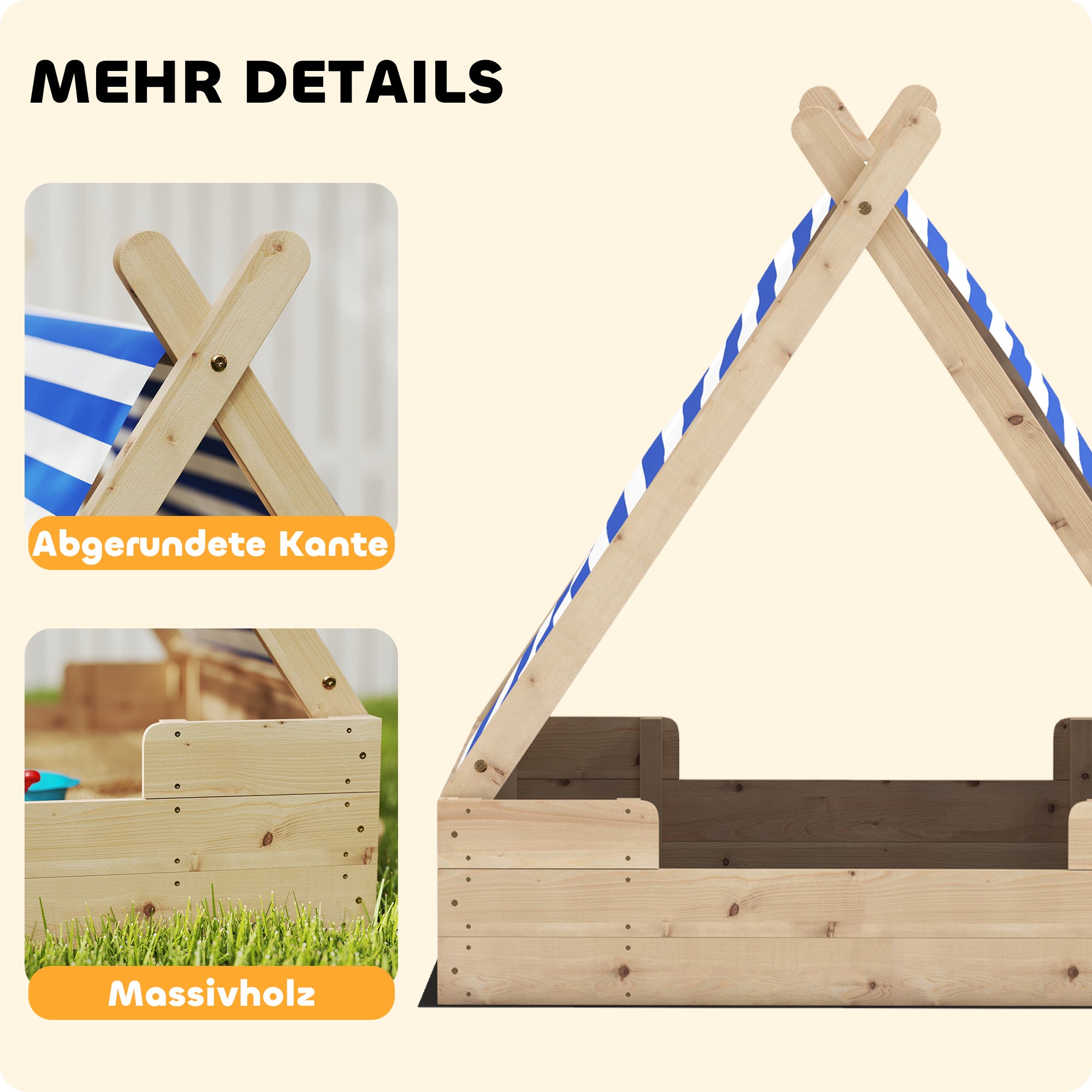 AIYAPLAY Sandkiste für Kinder, Sandkasten mit wetterfestem Zeltdach, für 3 Kinder im Alter von 3-6 Jahren, 120 x 120 x 126,5 cm