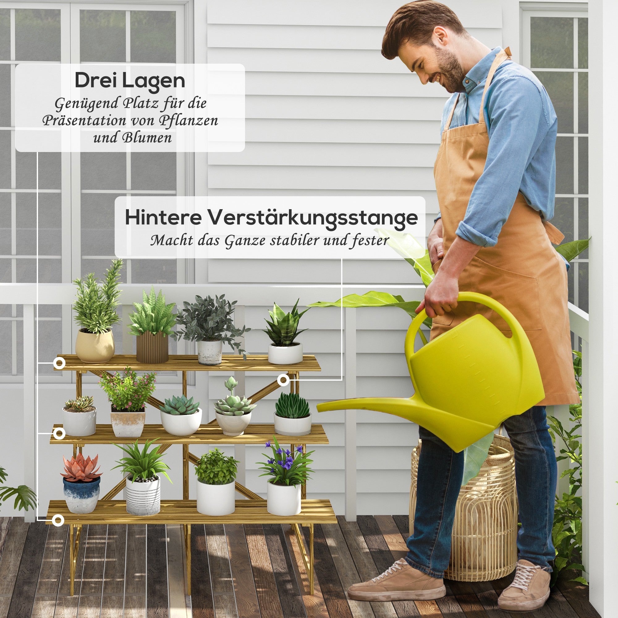Outsunny Pflanzentreppe, Blumentreppe, Blumenregal, Pflanzregal, Blumenständer, 3 Stufen, Tannenholz, 120 x 80 x 78cm