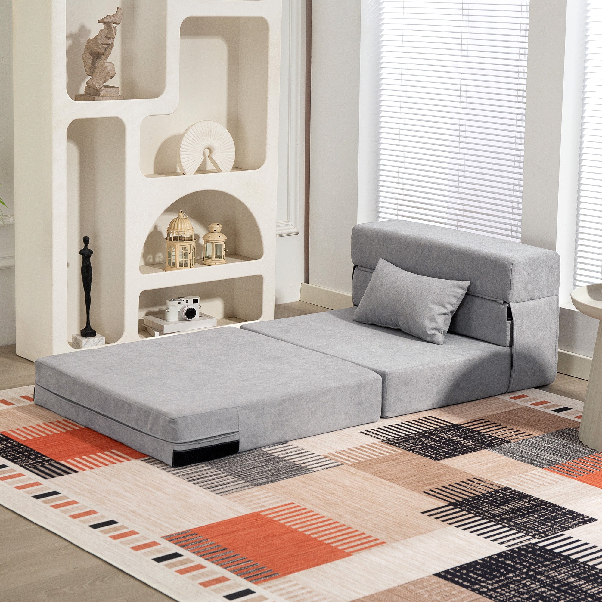 HOMCOM Bodensofa, Polstercouch, in Matratze umwandelbar, Schaumstoff, Kissen, Hellgrau