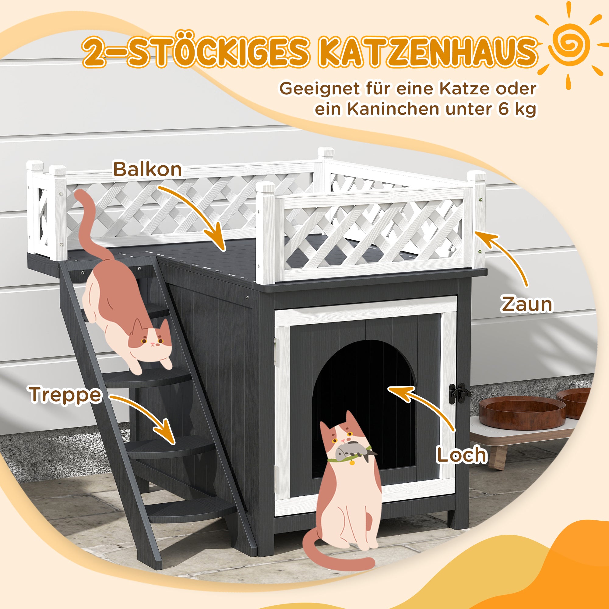 PawHut Katzenhaus, zweistöckig, mit Balkon und Treppe, für drinnen und draußen, für Katzen und Kaninchen, Tannenholz, Grau