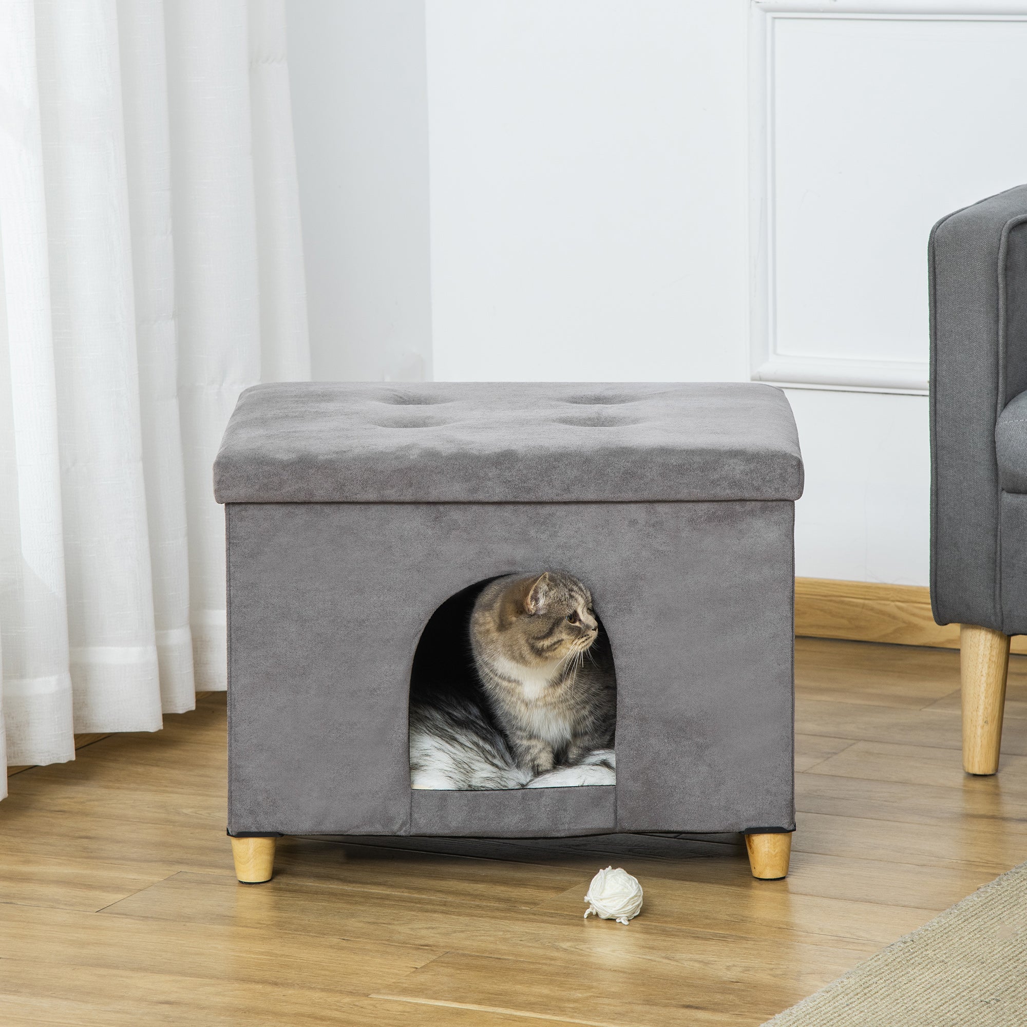 PawHut 2-IN-1 Katzenhöhle Fußhocker mit Kissen Holzbeine Katzenhaus Katzenkorb weich gepolstert Ottomane elegantes Design abnehmbar MDF Plüsch Grau 60 x 45 x 44,5 cm