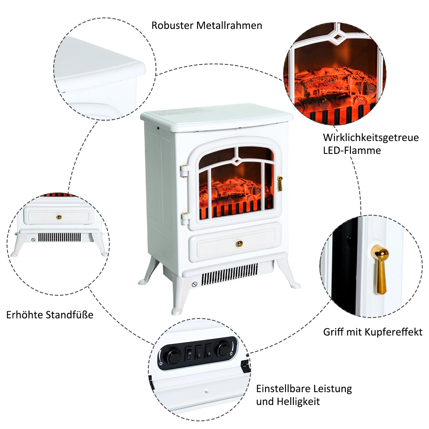 HOMCOM Elektrokamin Kaminofen Flammeneffekt 950/1850W Überhitzungs-Schutz Weiß 41,5 x 28 x 54,8 cm
