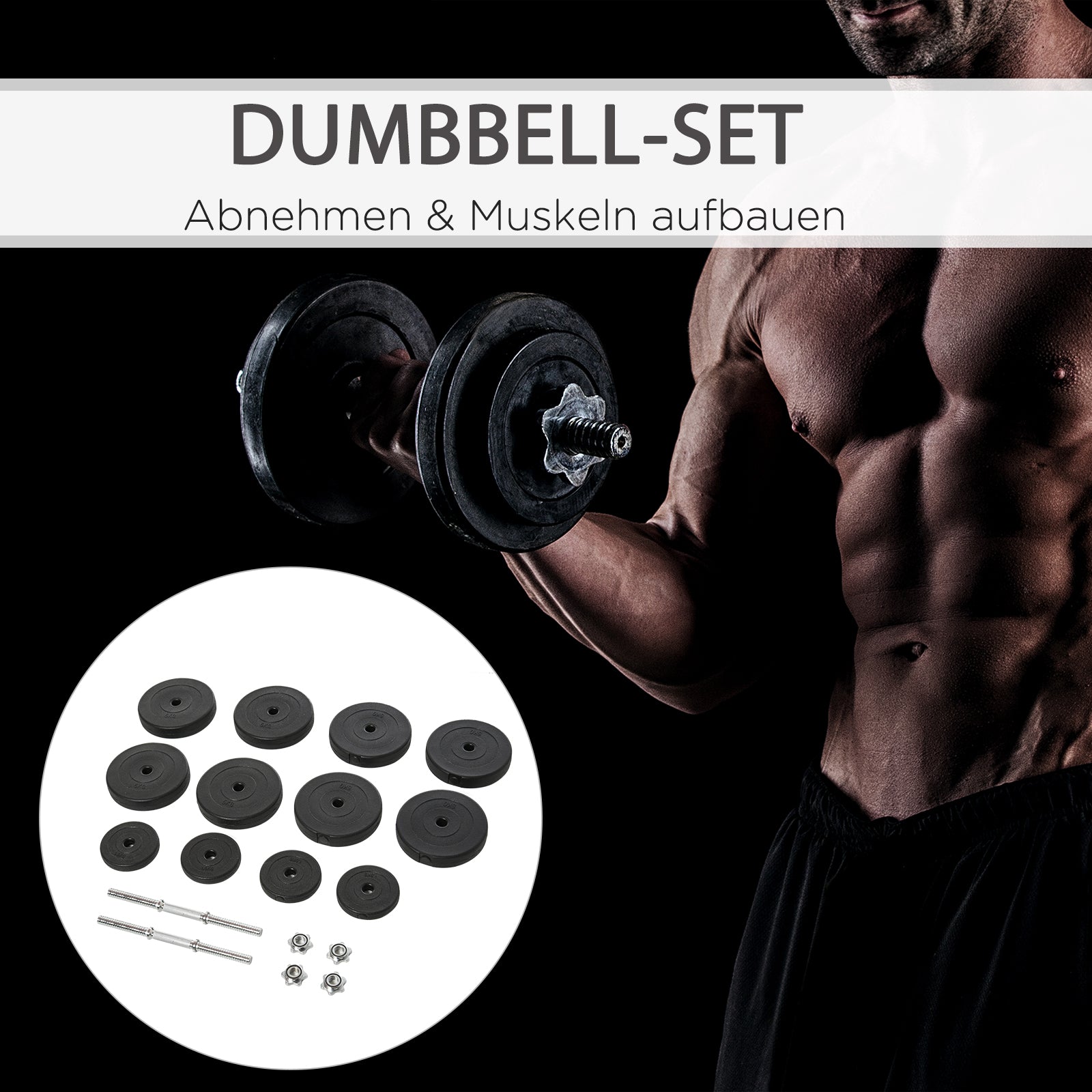 HOMCOM Kurzhantel-Set 2 x 25 kg, 2 x 6 Hantelscheiben mit Kunststoffhülle, bodenschonend, Schwarz