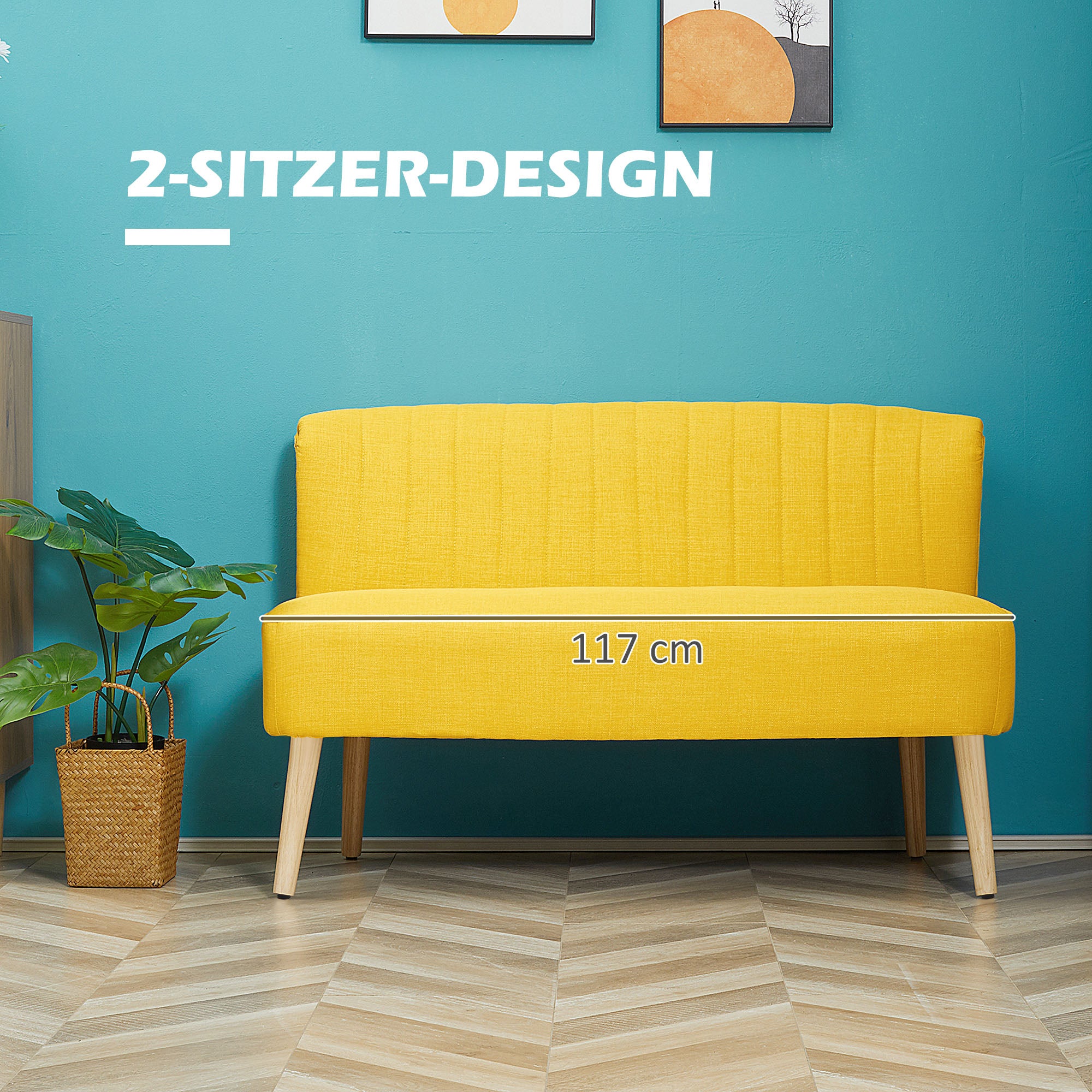 HOMCOM 2-Sitzer Sofa, weiche Polsterung, pflegeleichter Bezug, bis 150 kg, 117 x 56,5 x 77 cm, Gelb