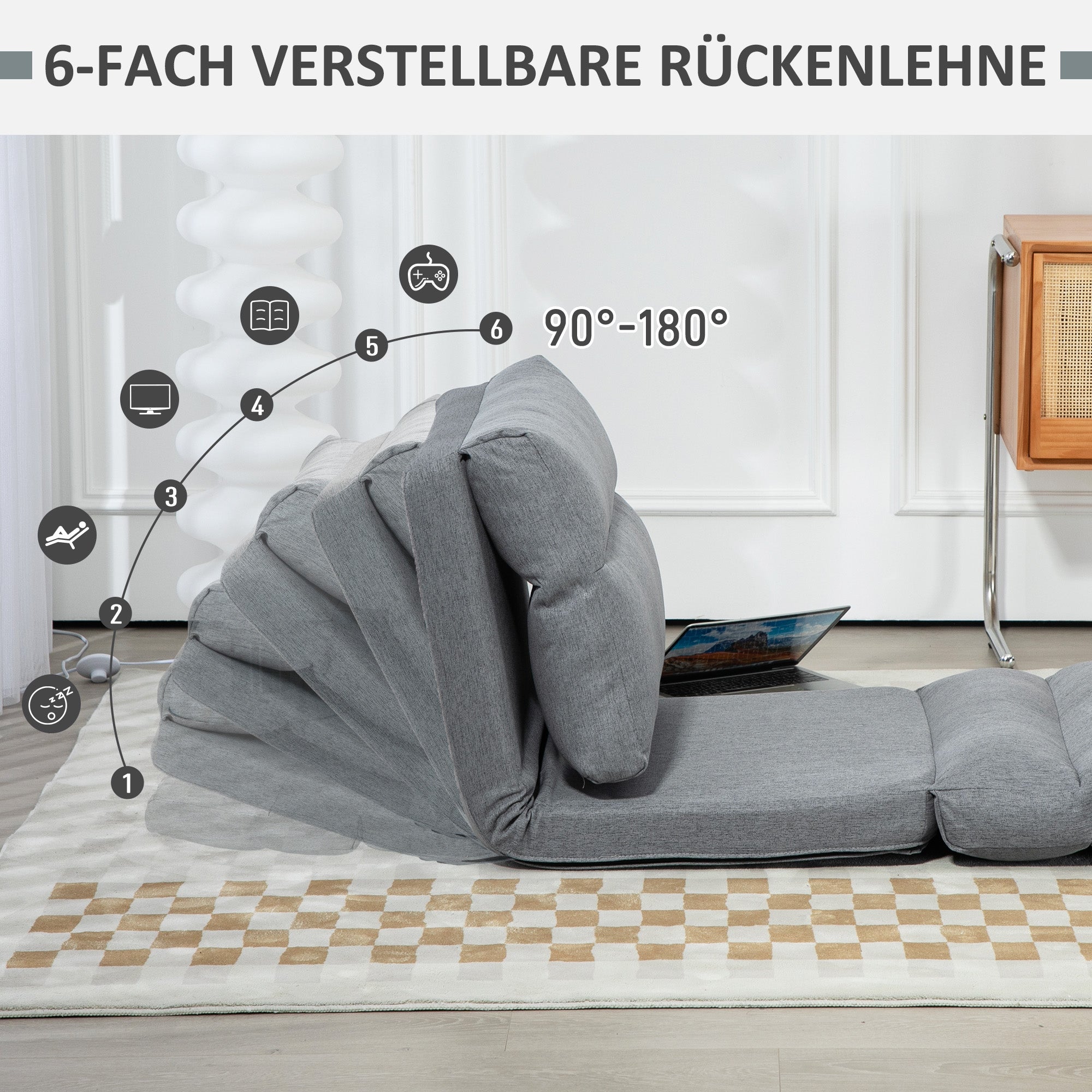 HOMCOM Sitzsack mit Bettfunktion, neigbare Lehne, klappbar, bis 120kg, 70 x 72 x 56 cm, Grau