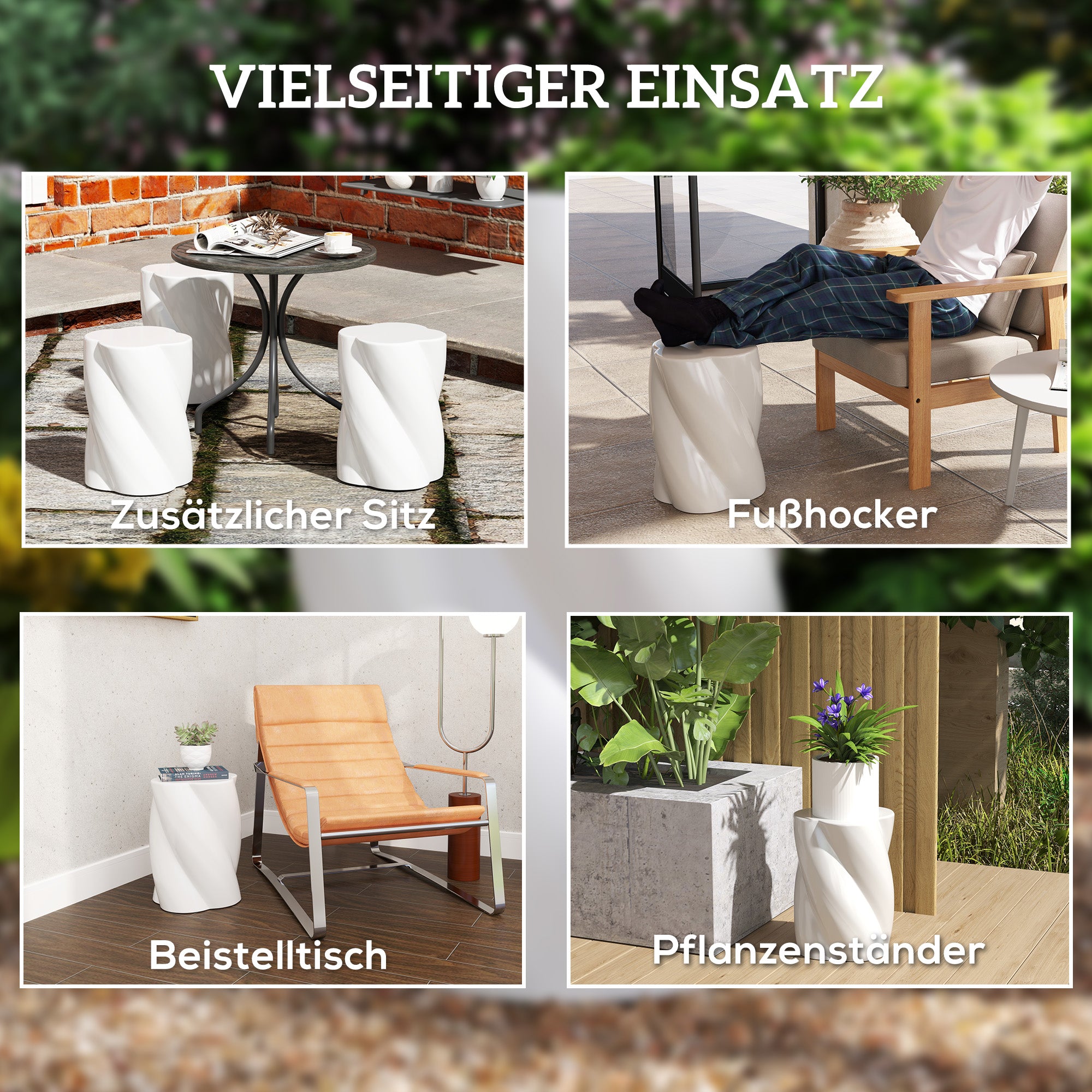 Outsunny Sitzhocker aus Keramik in Spiralform 120kg belastbar Ø33 x 45 cm Wetterfest Garten Hocker mit Deckel Weiß