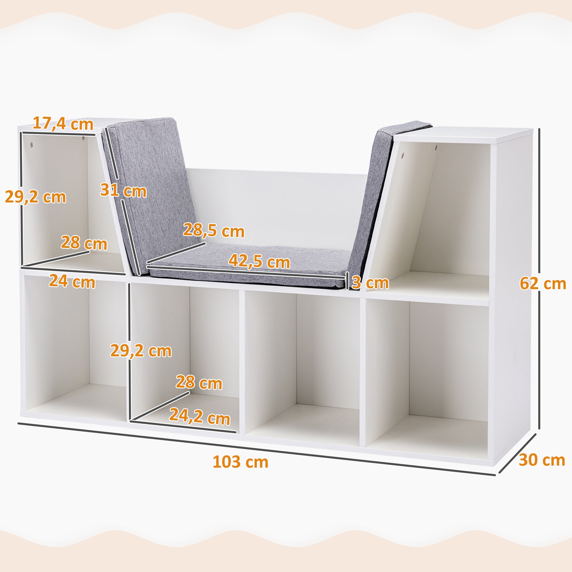 HOMCOM 2-in-1 Kinderregal Regal + Sitzbank inkl. Polster 103 cm × 30 cm × 62 cm Weiß + Grau