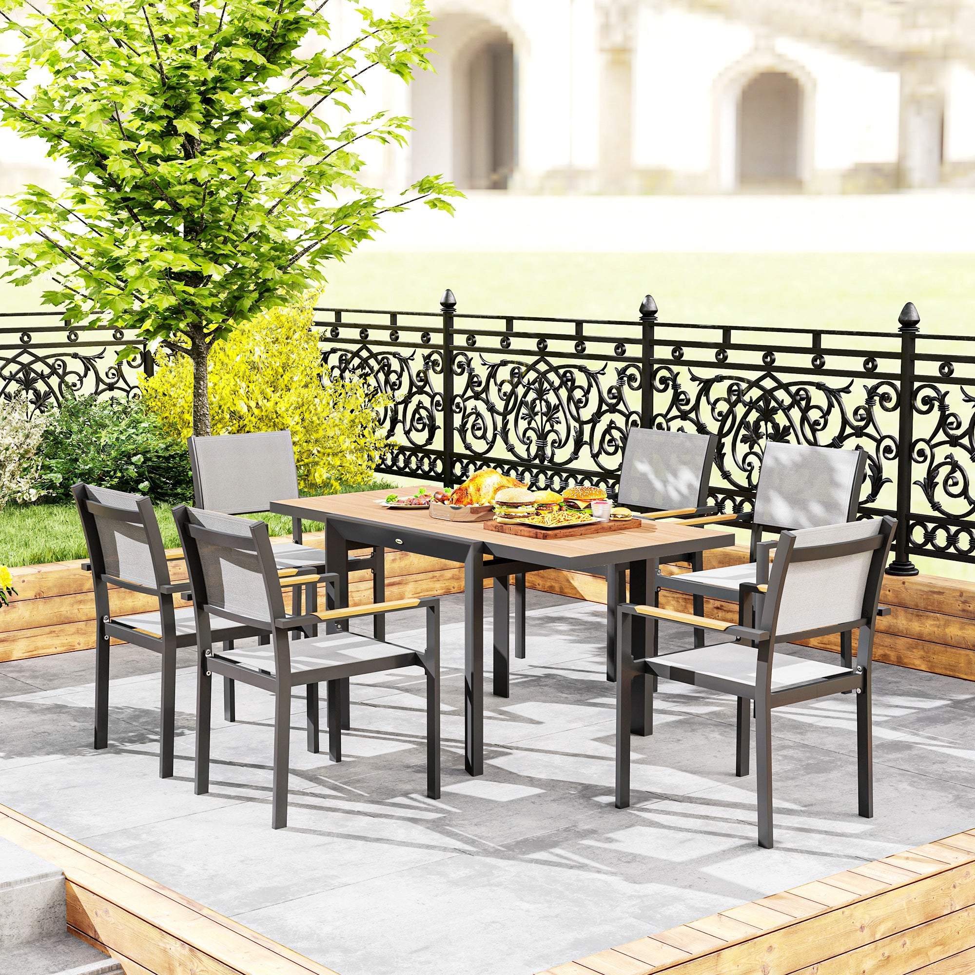 Outsunny Gartentisch Ausziehbarer Aluminium 80/160x80 cm Wetterfest Balkontisch für 6 Personen Naturholz