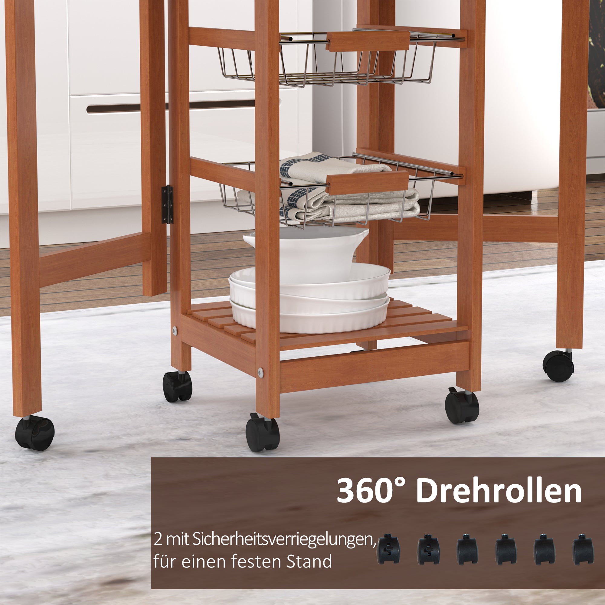 HOMCOM Servierwagen, Küchenwagen, zwei klappbare Seitenelemente, Keramikplatte, Kiefernholz, 91 x 37 x 75cm