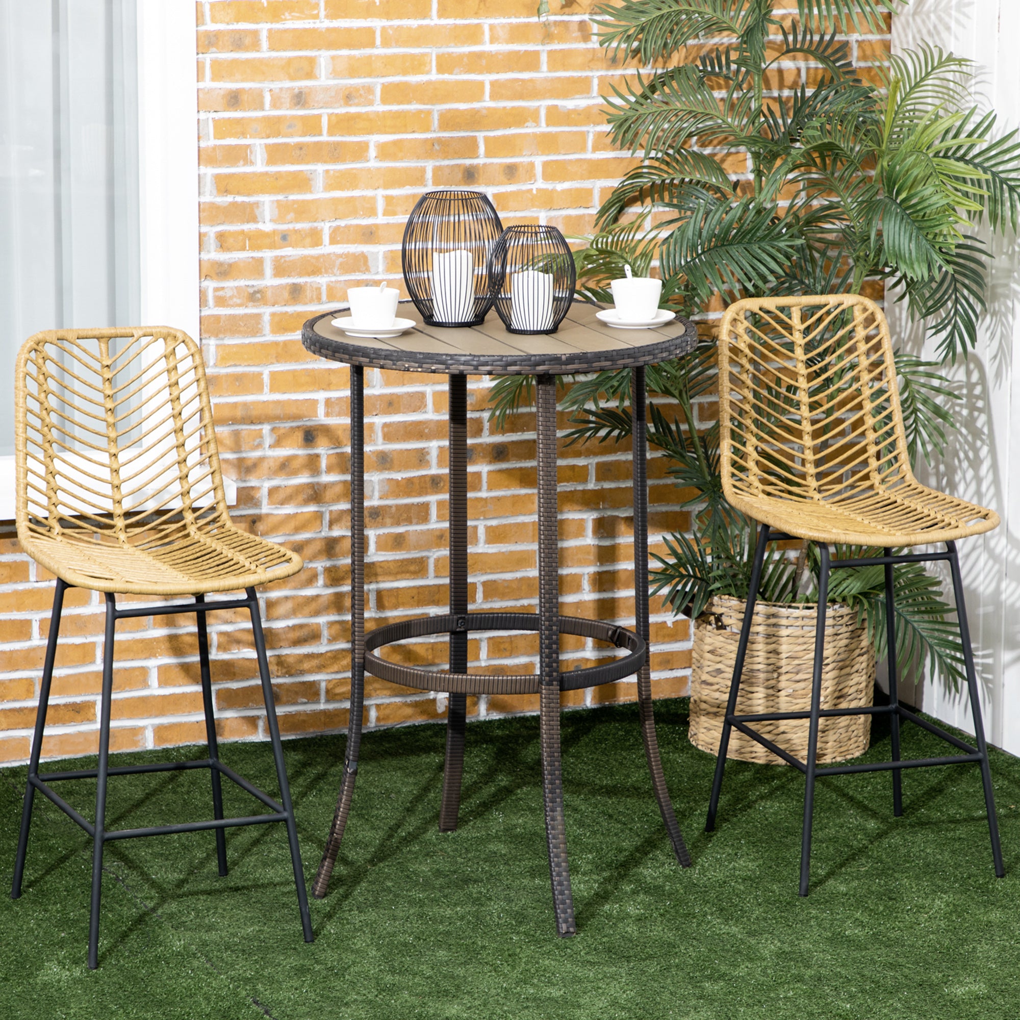 HOMCOM 2er Set Barhocker mit Lehne Barstühle im Boho-Design, PE-Rattan, inkl. Fußtstütze, 42,5 cm x 52 cm x 102 cm, Gelb + Schwarz