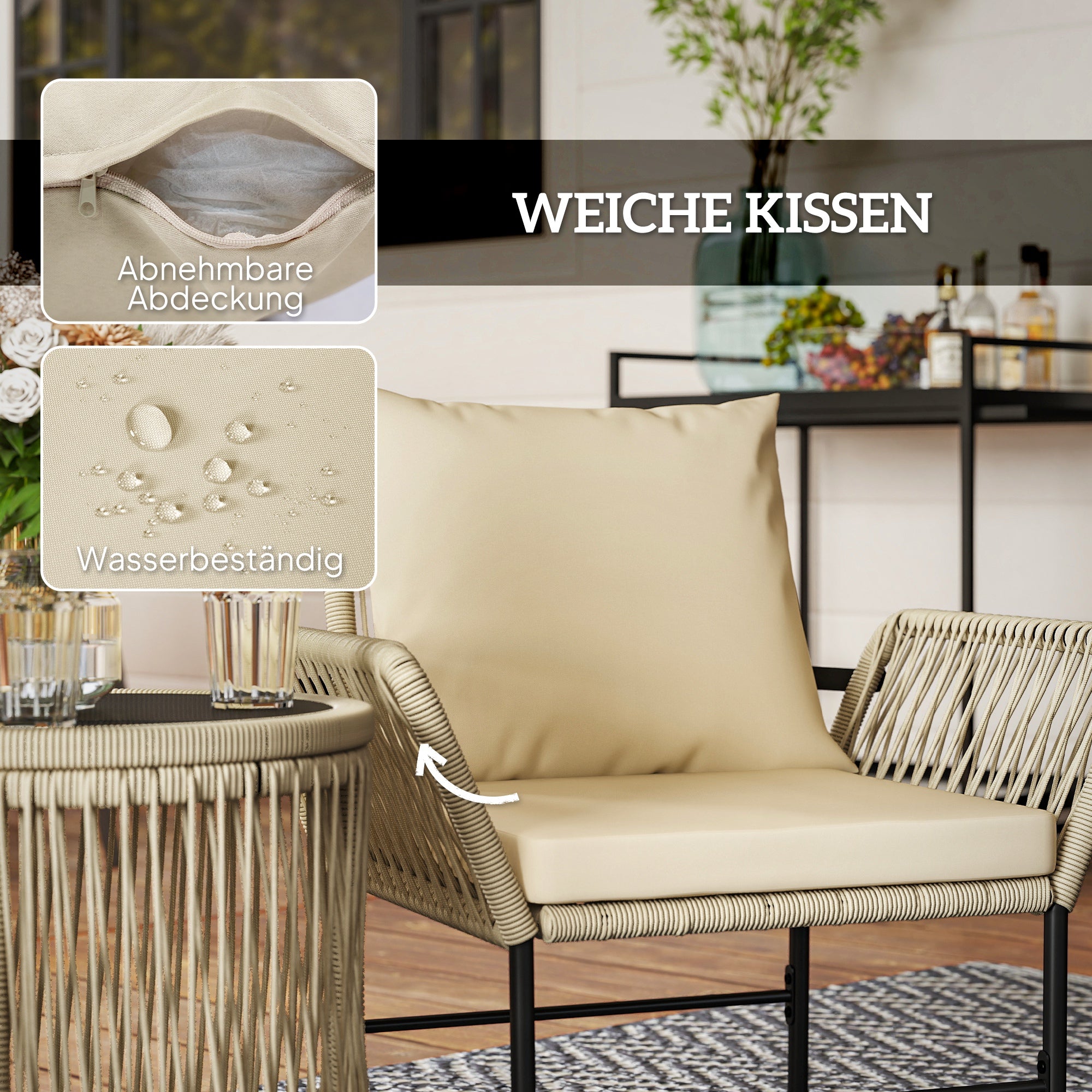 Outsunny Polyrattan Gartenmöbel Set, Outdoor Balkonmöbel für 2 Personen, 3-teilig mit 2 Stühle, Beistelltisch Sitzkissen