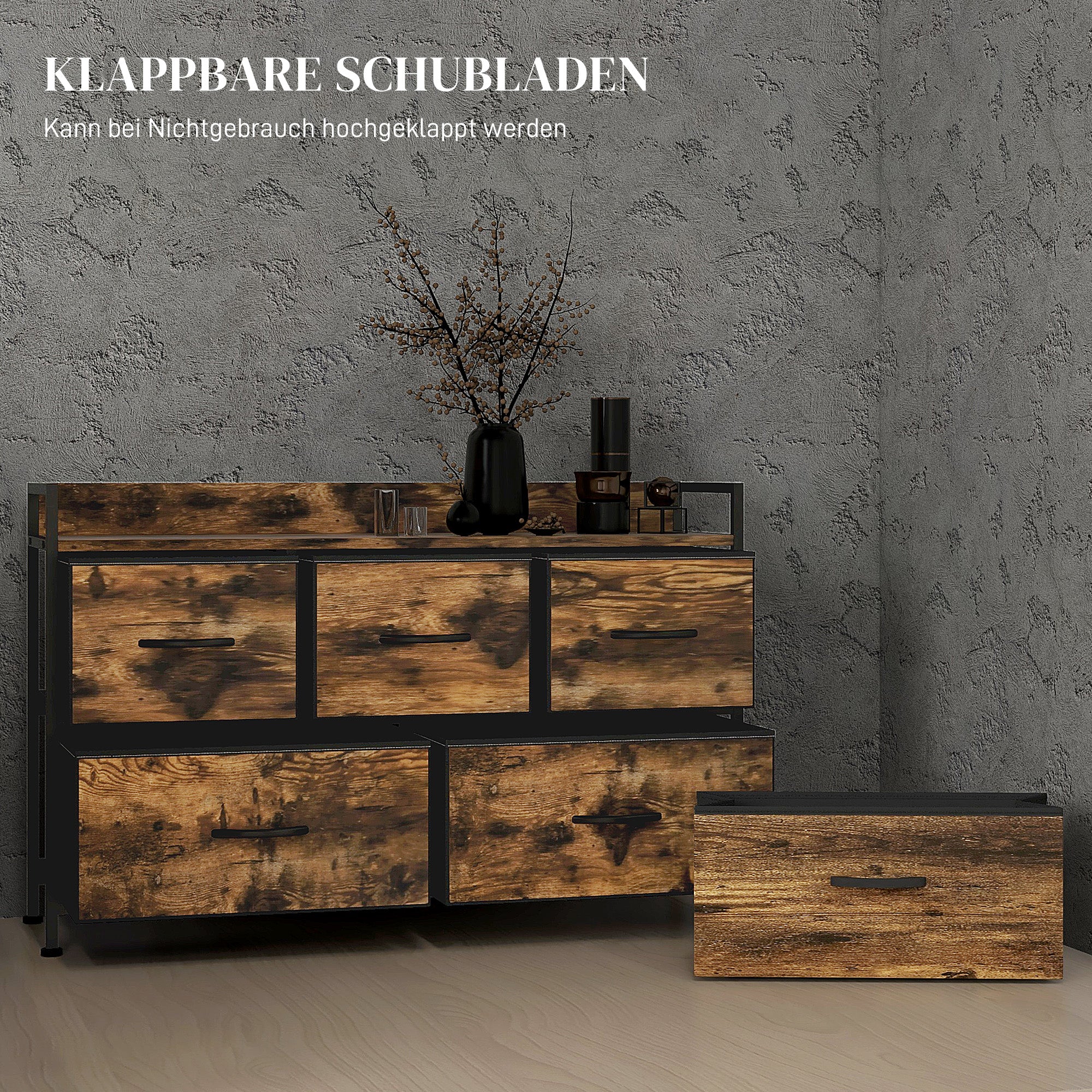 HOMCOM Kommode mit faltbaren Stoffschubladen, Melaminholz, Stahlrahmen, Braun