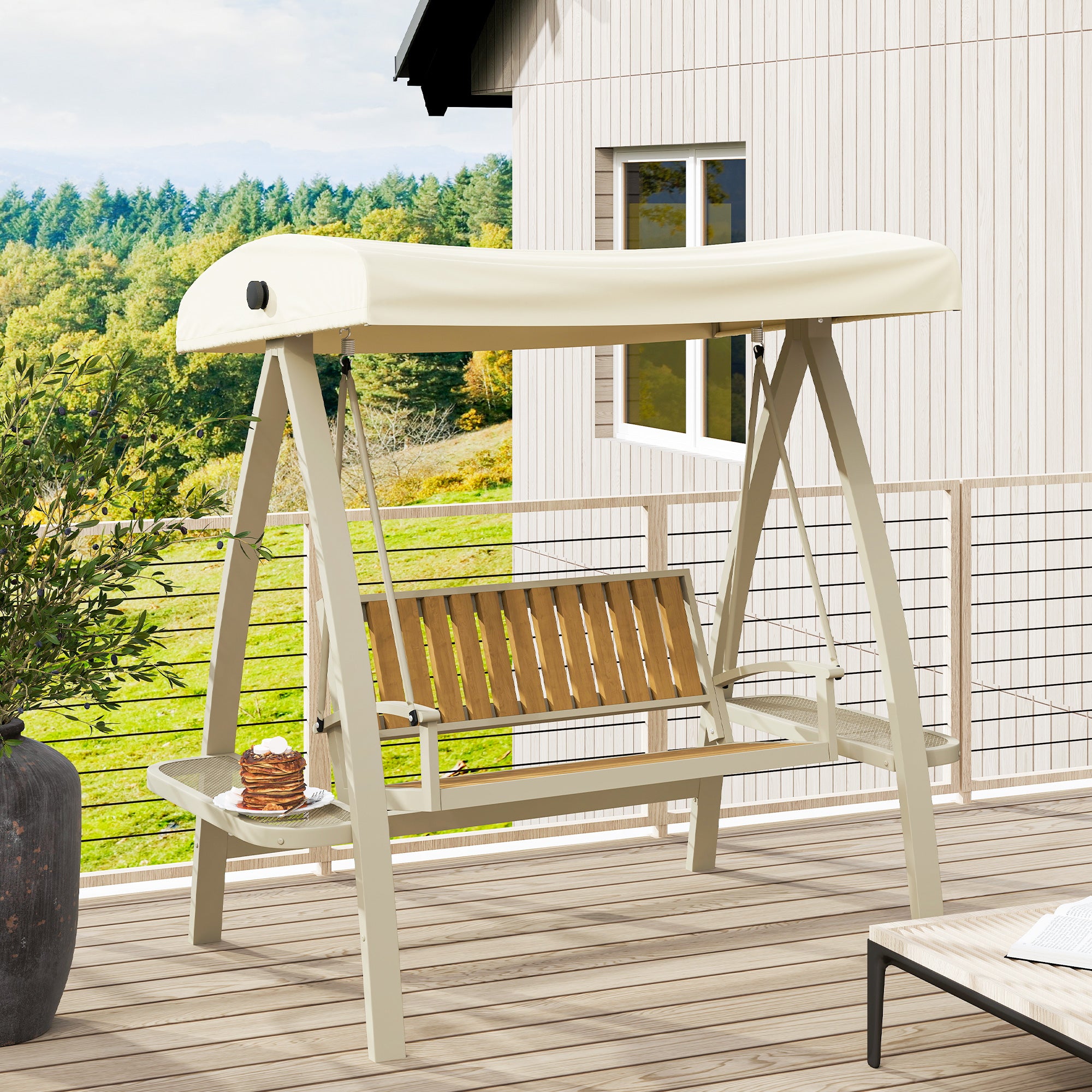 Outsunny Hollywoodschaukel 2-Sitzer Gartenschaukel mit verstellbarem Sonnendach, Seitentisch 200 x 120 x 190cm, Beige