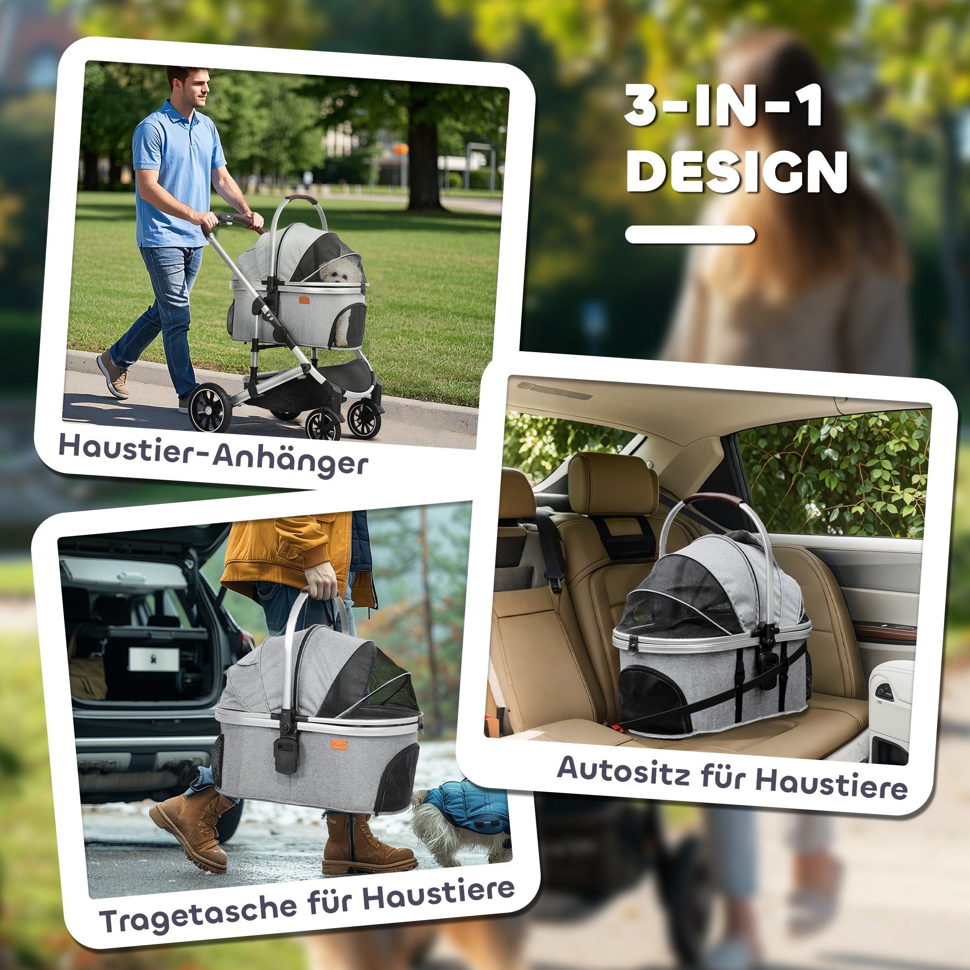 PawHut Hundewagen 3 in 1 Hundebuggy klappbar für Katzen bis 10 kg Katzenbuggy mit Kissen Becherhalter Hellgrau