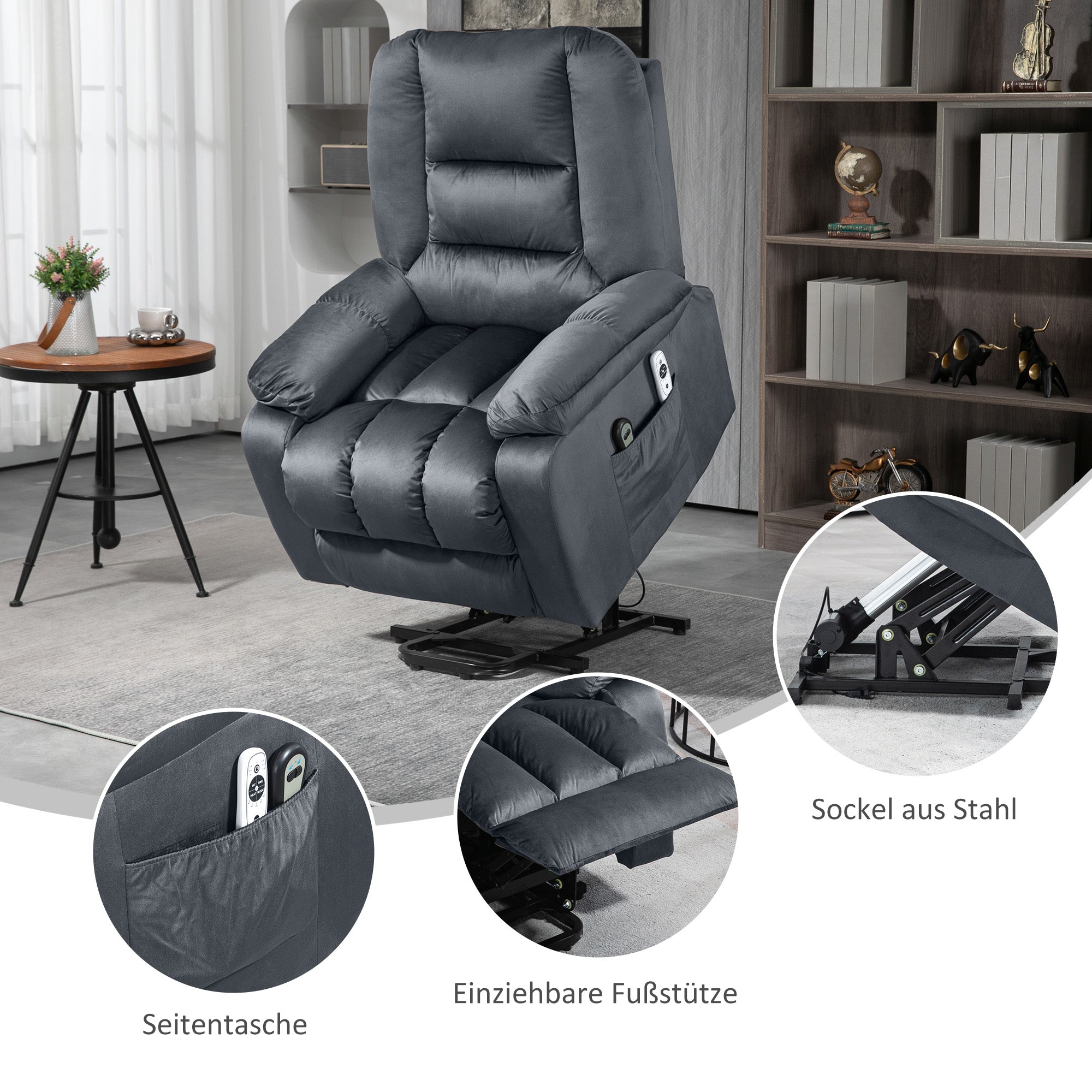 HOMCOM Massagesessel Aufstehhilfe Seniorensessel Relaxsessel, 8 Massagepunkte, 2 Seitentaschen, 85 cm x 94 cm x 107cm, Grau