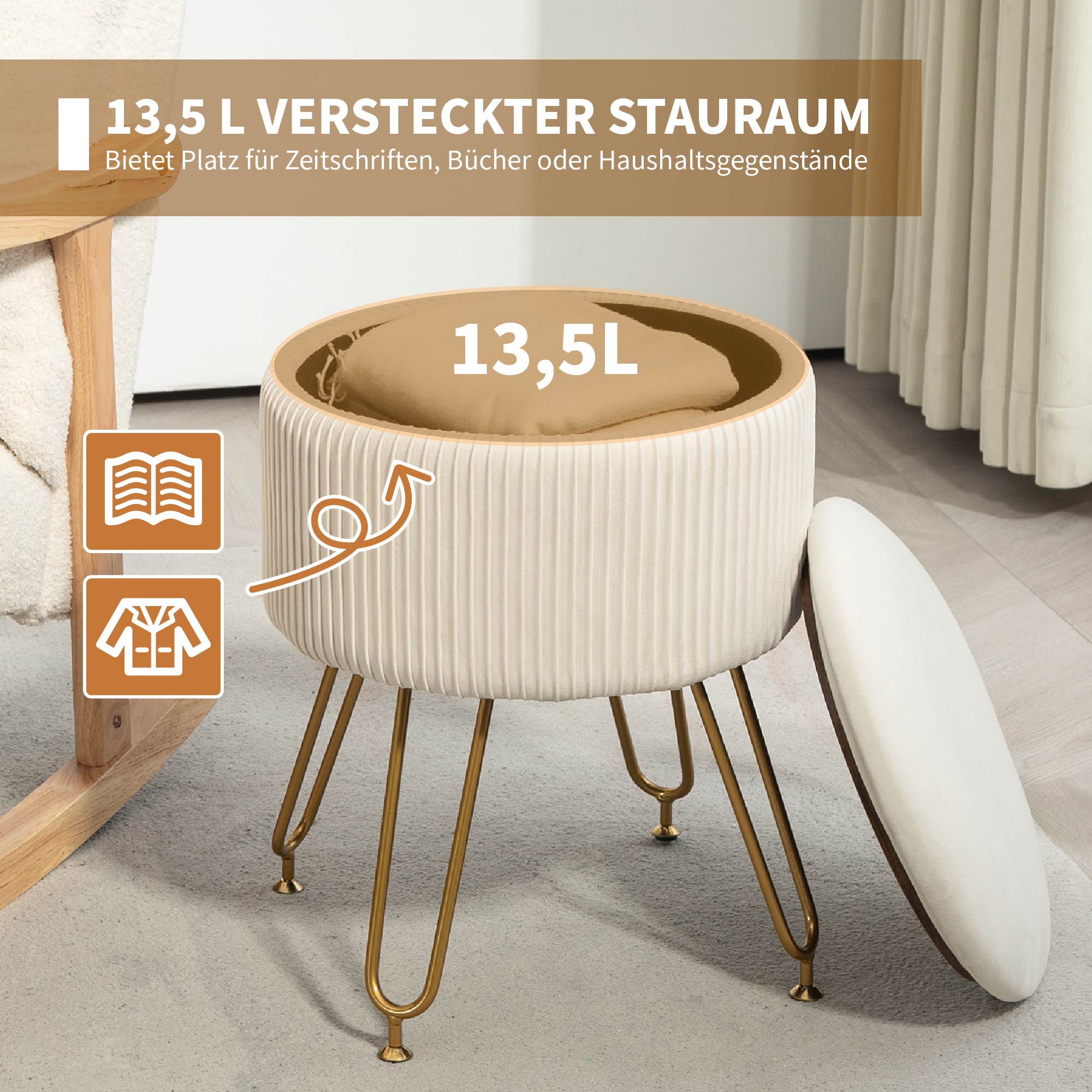 HOMCOM 2-in-1-Aufbewahrungshocker mit Metallbeinen, runder Fußhocker für Wohnzimmer, Schlafzimmer, Flur, Cremeweiß