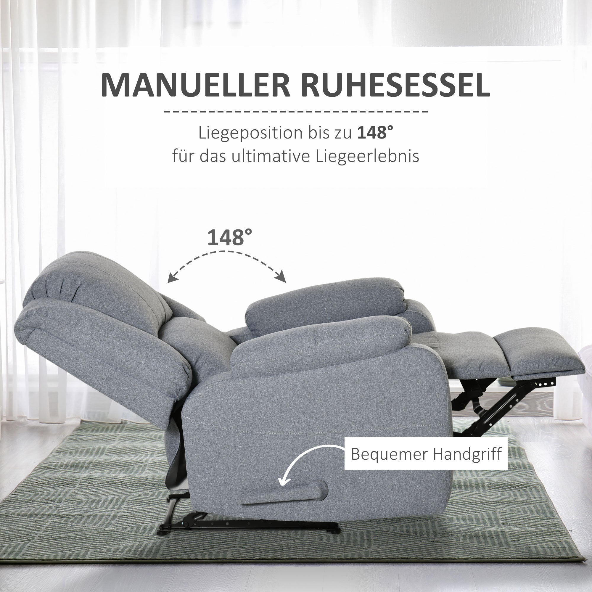 HOMCOM Relaxsessel Manuell Fernsehsessel mit Liegefunktion, Leinenoptik, TV-Sessel mit Seitengriff, Fußstütze, bis 150 kg Belastbar, für Wohnzimmer, Hellgrau