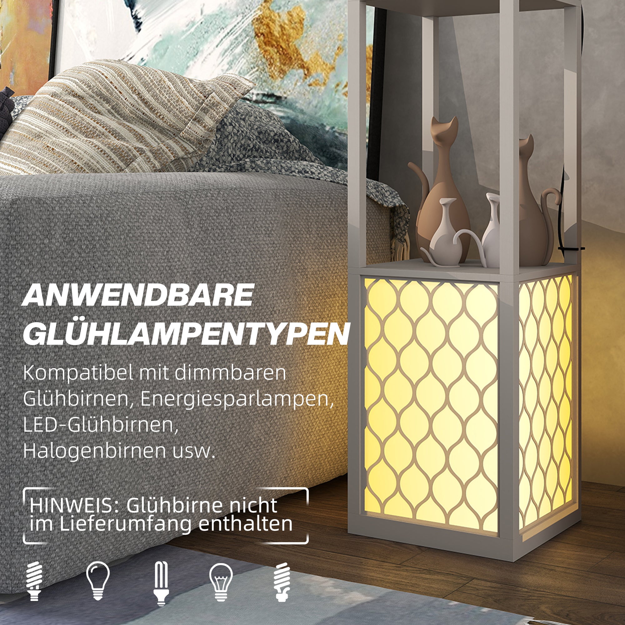 HOMCOM Stehleuchte im modernen Design, 2 Ablagen, Ziehkettenschalter, 26 cm x 26 cm x 156 cm, Schwarz + Weiß