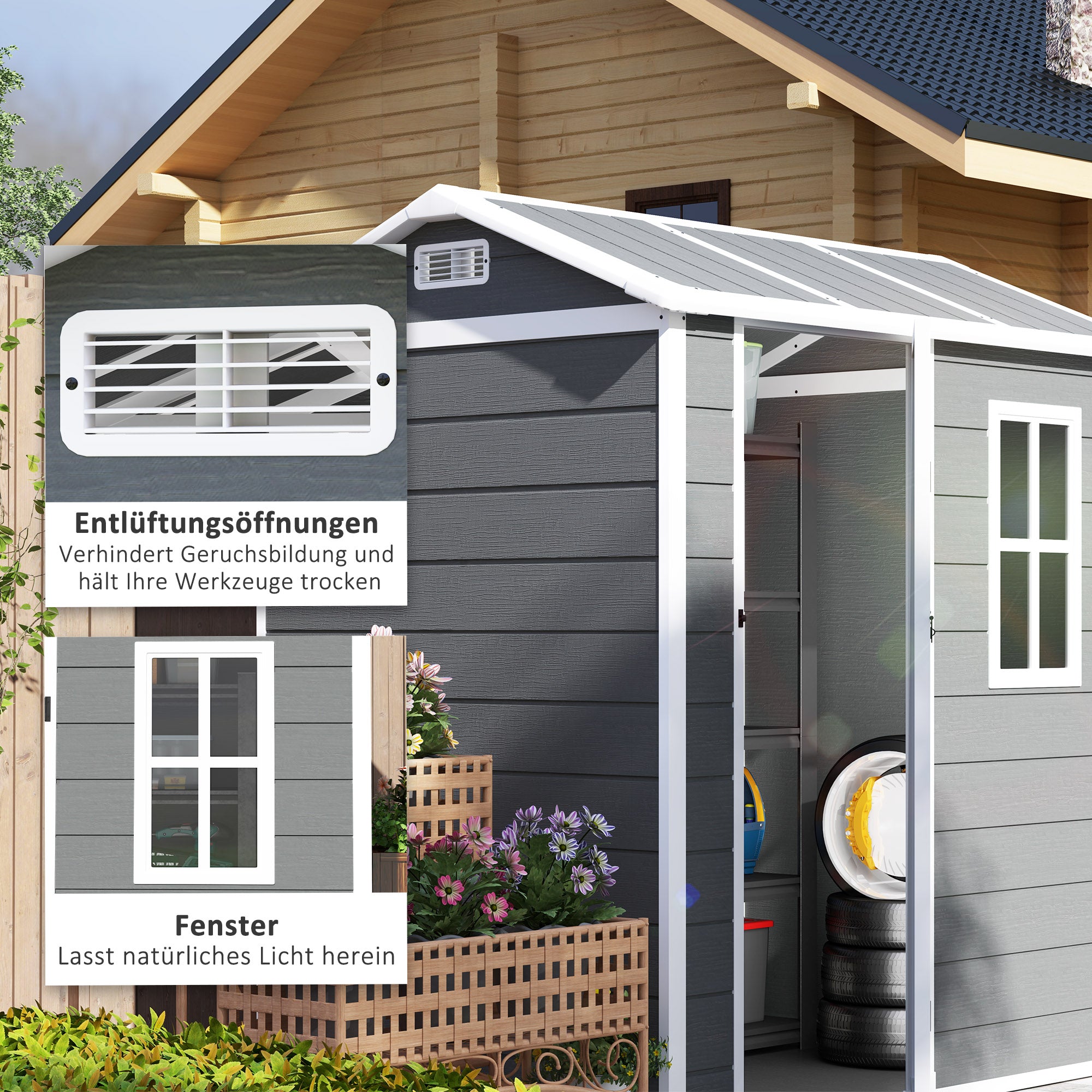 Outsunny Gartenhaus, Gartenschuppen mit Boden, Fenster, verschließbarer Tür, Kunststoff-Harz, wetterfest, Grau