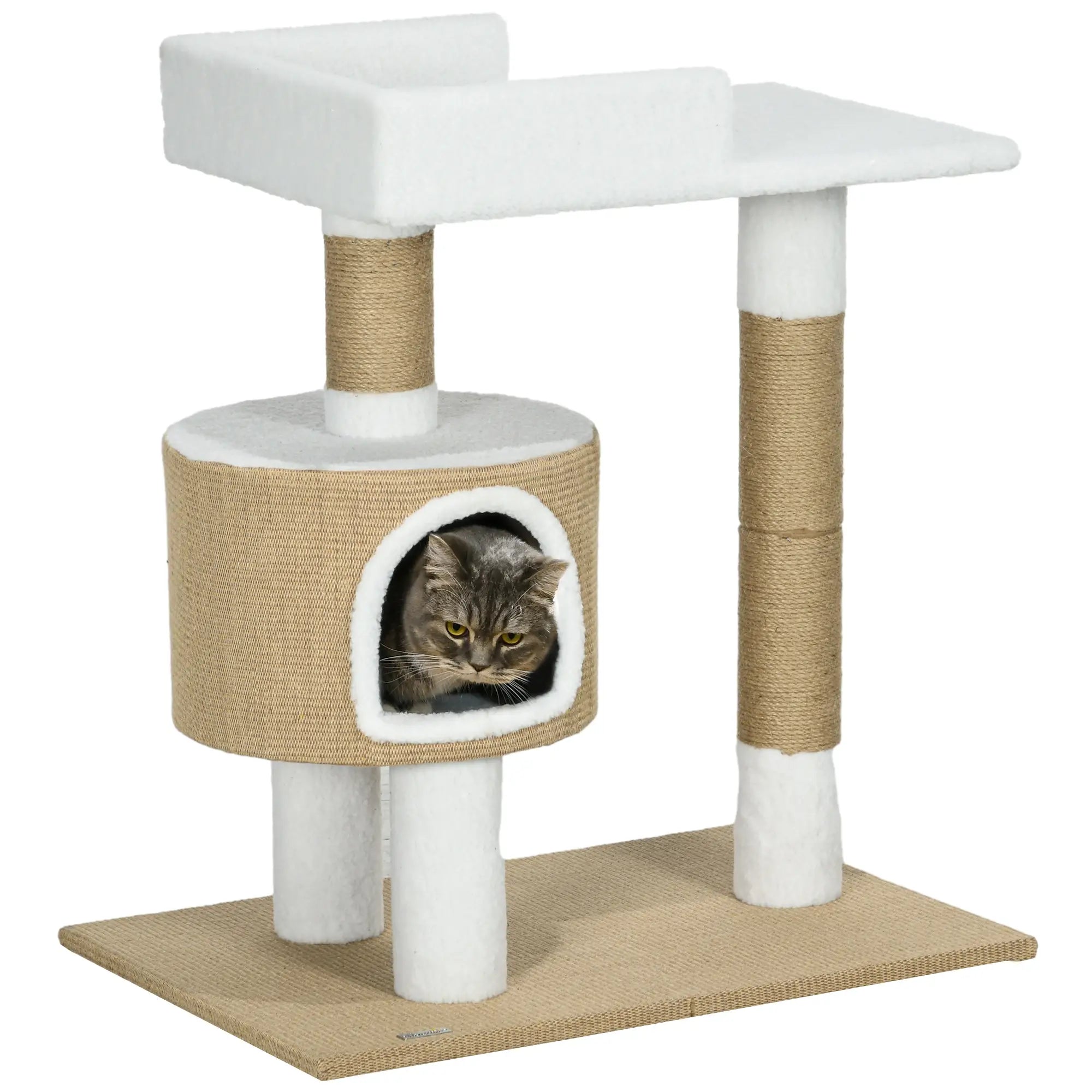 PawHut Kratzbaum Katzenbaum Katzenhöhle, 1 Katzenhöhle, 1 Liegefläche, 70 cm  x 49 cm x 79 cm, Natur + Weiß