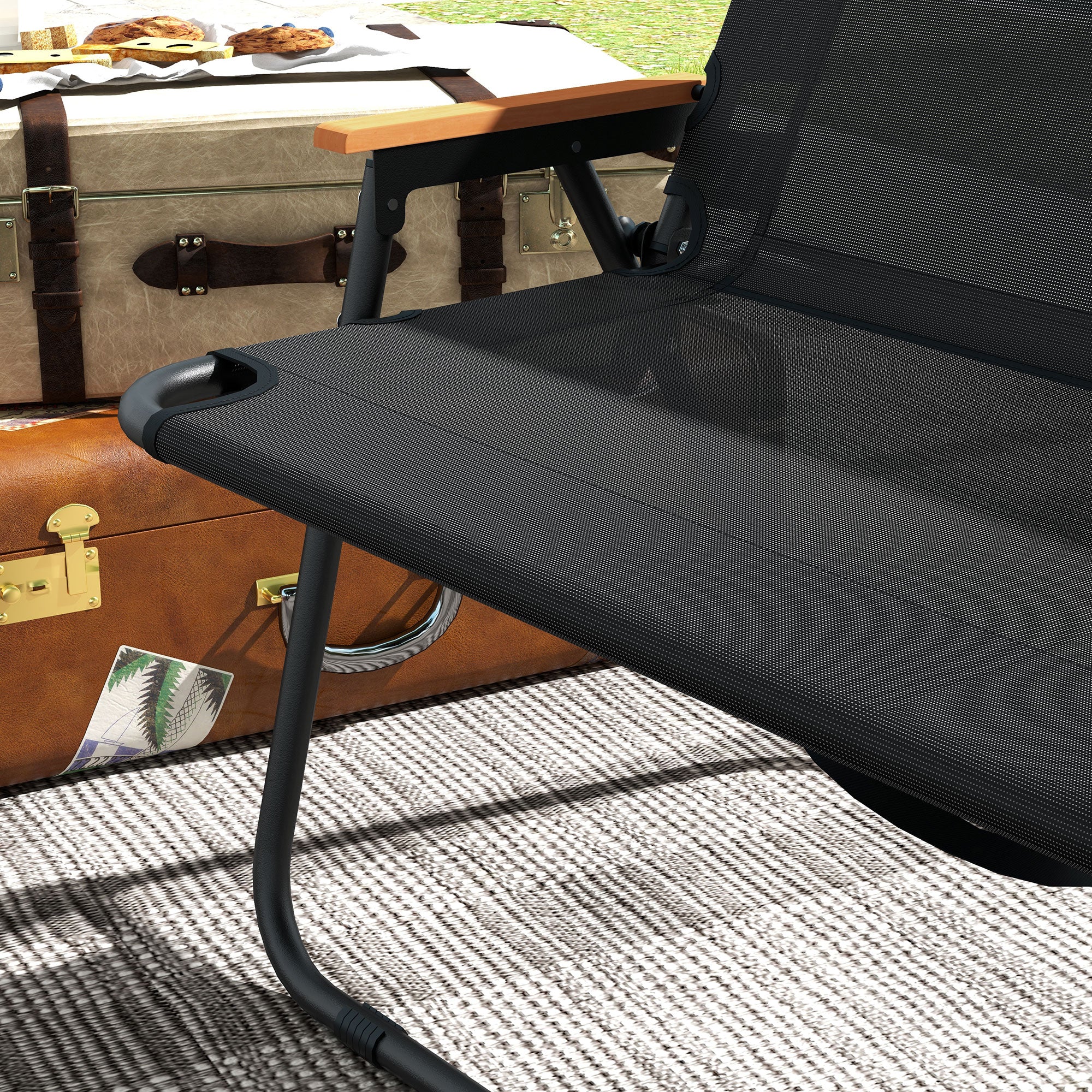 Outsunny Klappstuhl, atmungsaktiv, Holz-Kunststoff-Armlehnen, 108x65x73cm, Schwarz-Natur