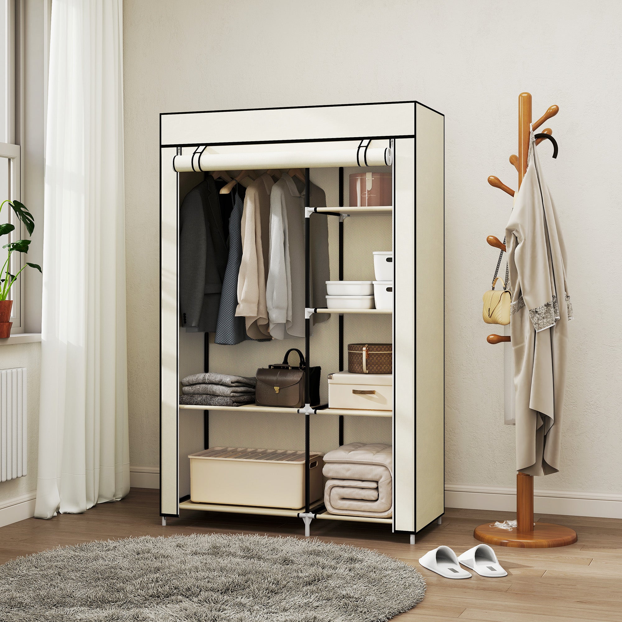 HOMCOM Schrank aus Stoff, Aufbewahrungslösung, 6 Regale, 1 Kleiderstange, Beige