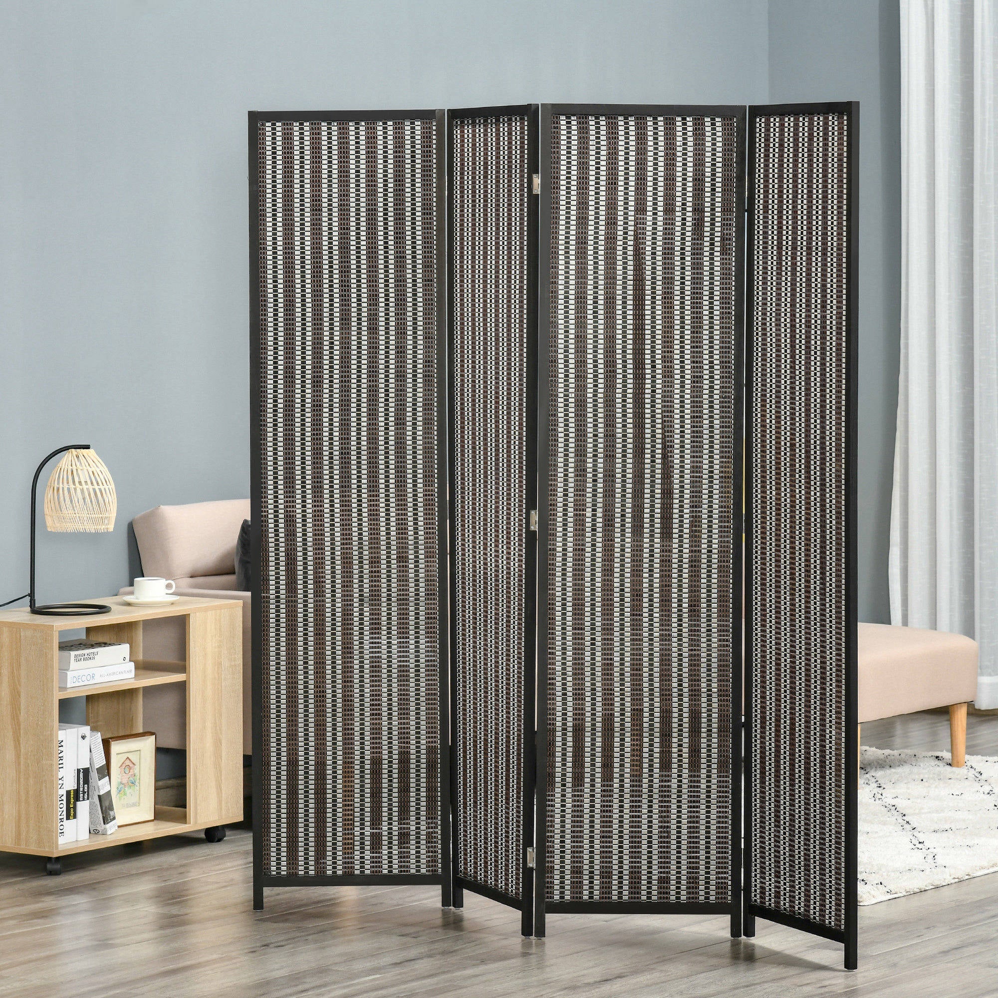 HOMCOM Raumteiler, faltbar, Kiefernholz/Bambus, 180 x 180 cm, Braun/Schwarz
