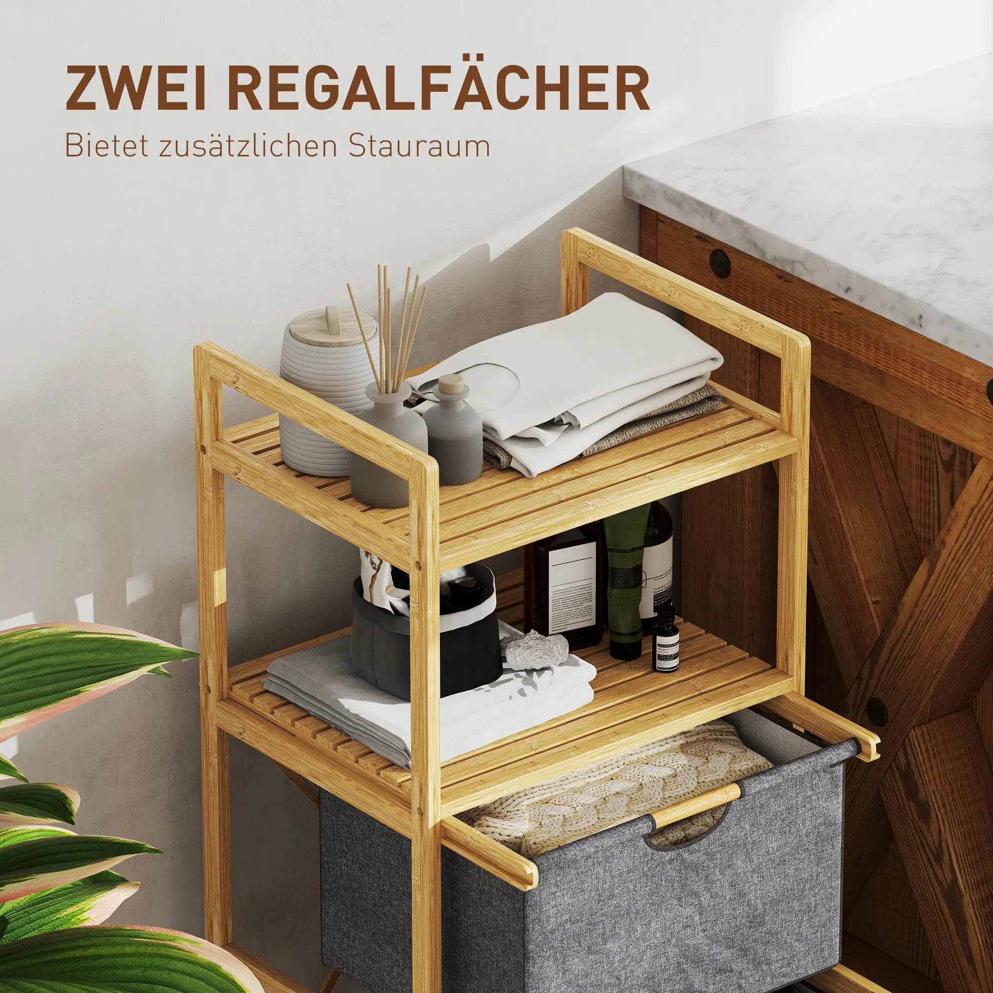 HOMCOM Badregal Wäschekorb 2 Fächer zweistufig Bambus Naturholz