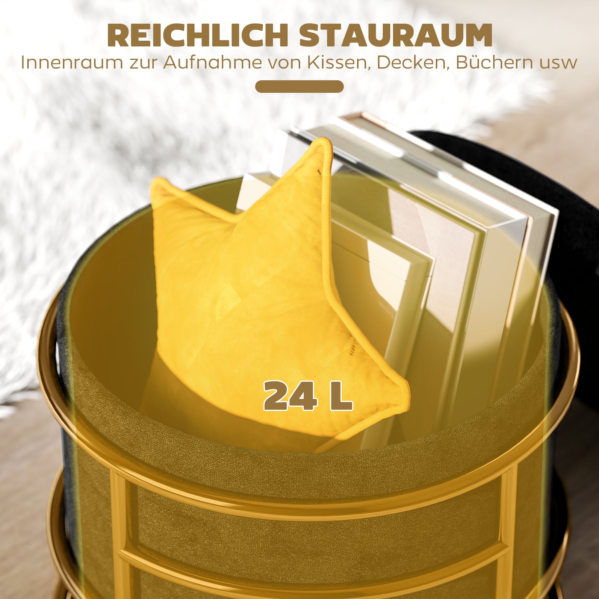 HOMCOM Sitzhocker mit Stauraum, gepolsterter Fußhocker, Metallrahmen, vergoldet, Schwarz