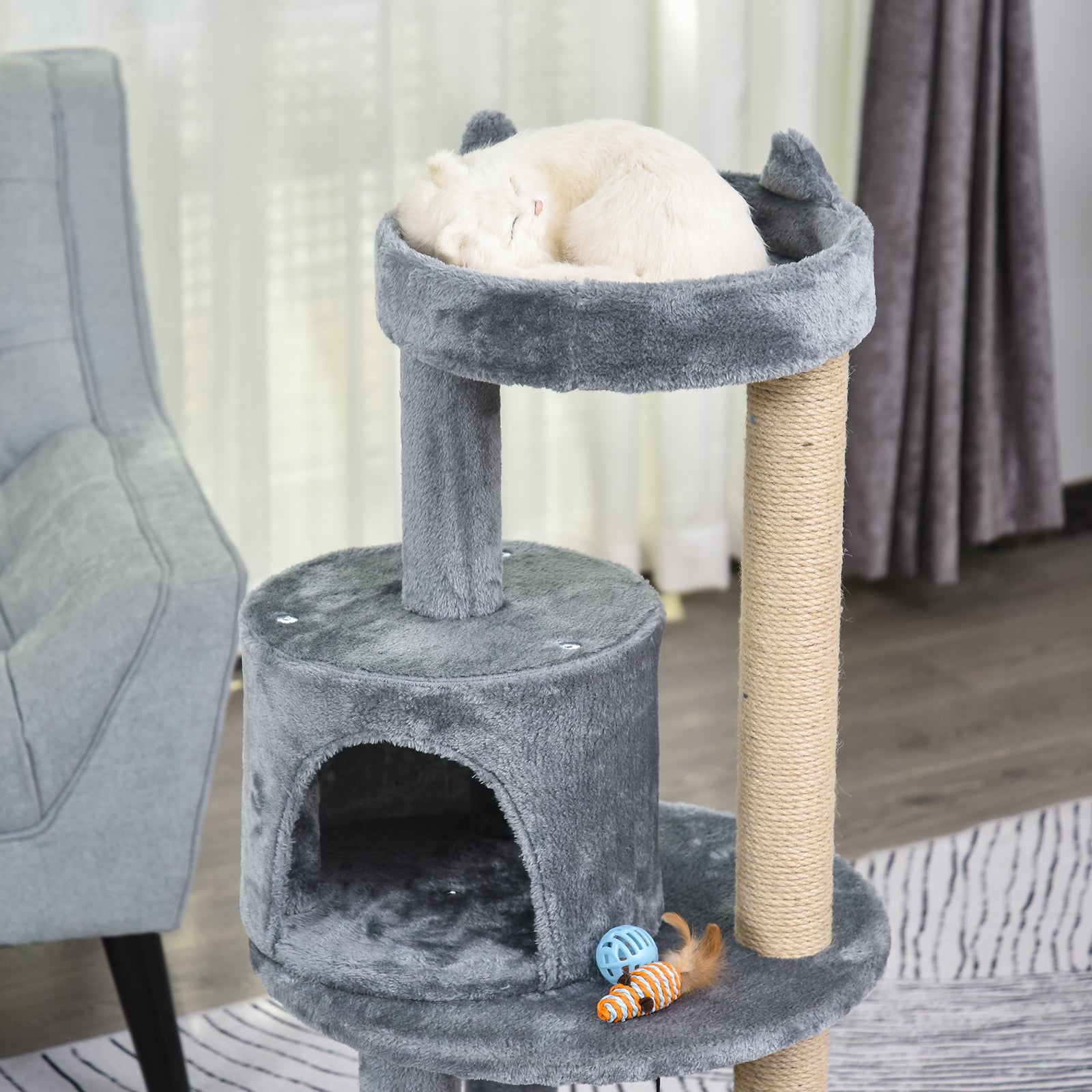 PawHut Katzenbaum 4-Stock Katzenhöhle Katzenhaus mit Spielbällen Sitzstange Sisalsäule und Kratzbrett groß stabil luxuriös Sisal Plüsch Grau 48x48x104 cm