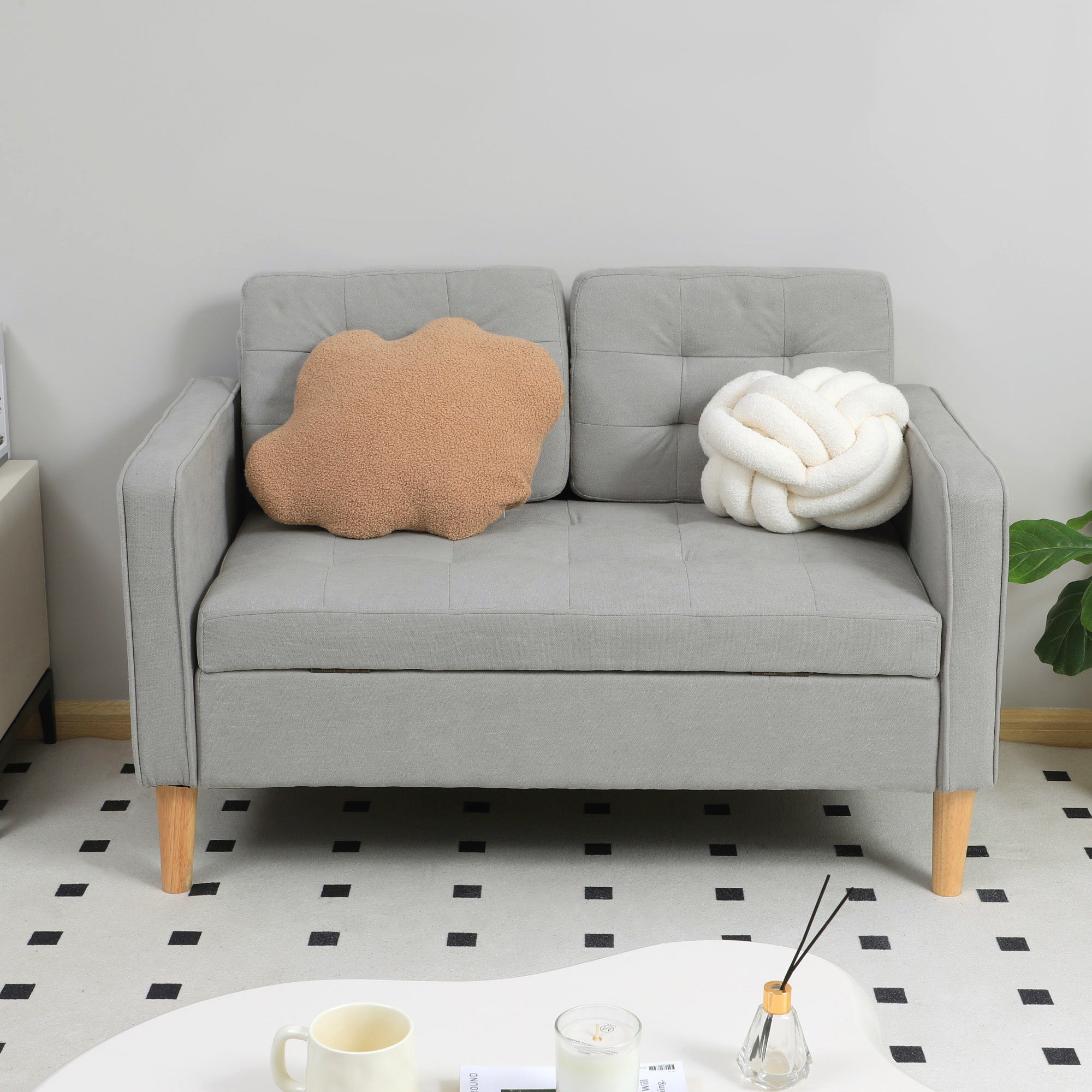 HOMCOM Zweisitzer-Sofa mit Stauraum, Knopfheftung, Kissen, Kautschukbaumholz, 117x62x78cm, Hellgrau