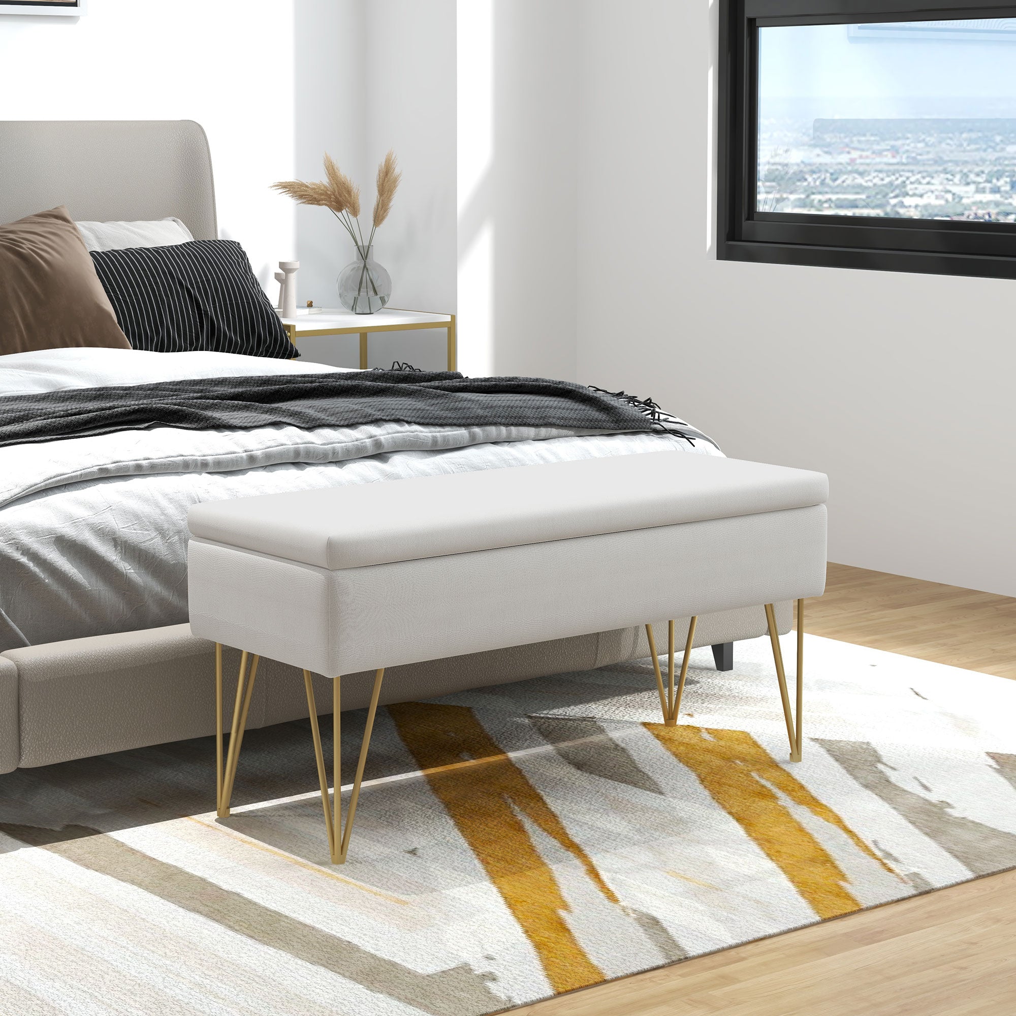 HOMCOM Polsterbank mit Stauraum & Stahlbeinen – Creme
