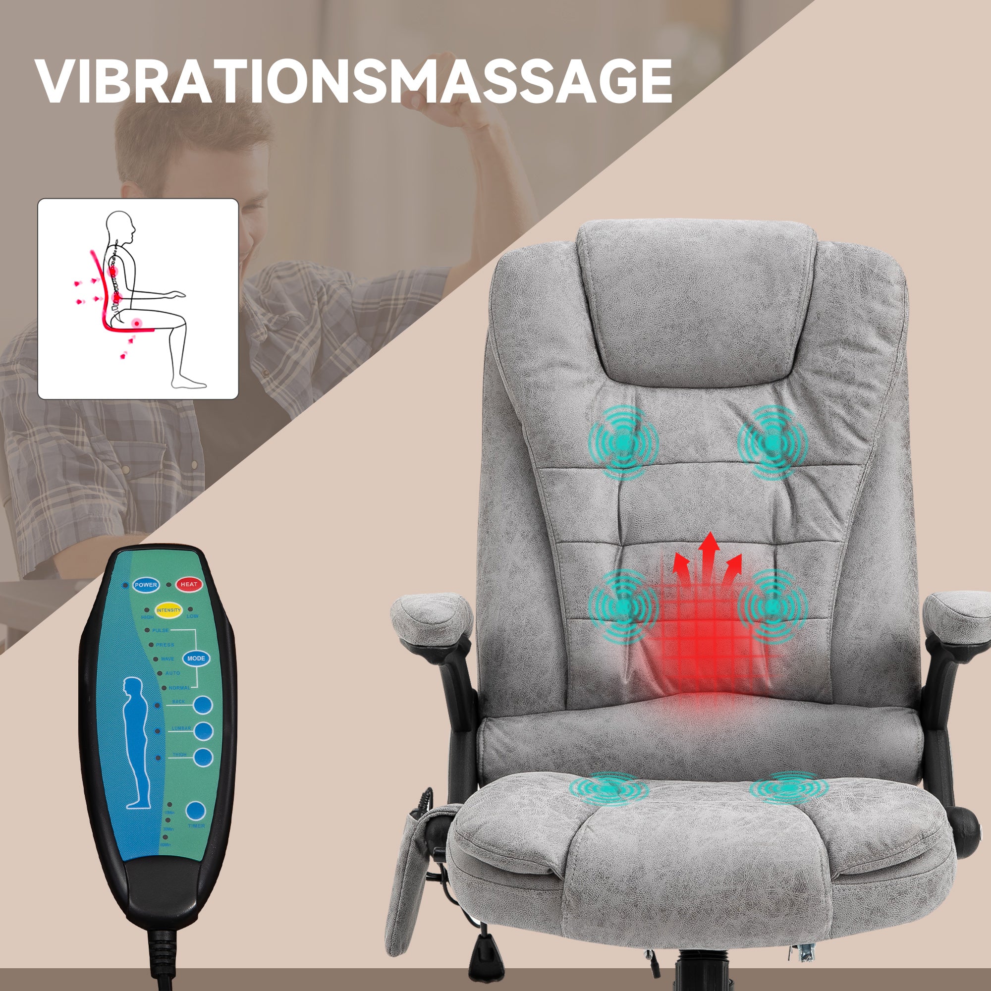 Vinsetto Chefsessel mit Massage- & Wärmefunktion, ergonomisch, verstellbar, bis 120kg, Grau