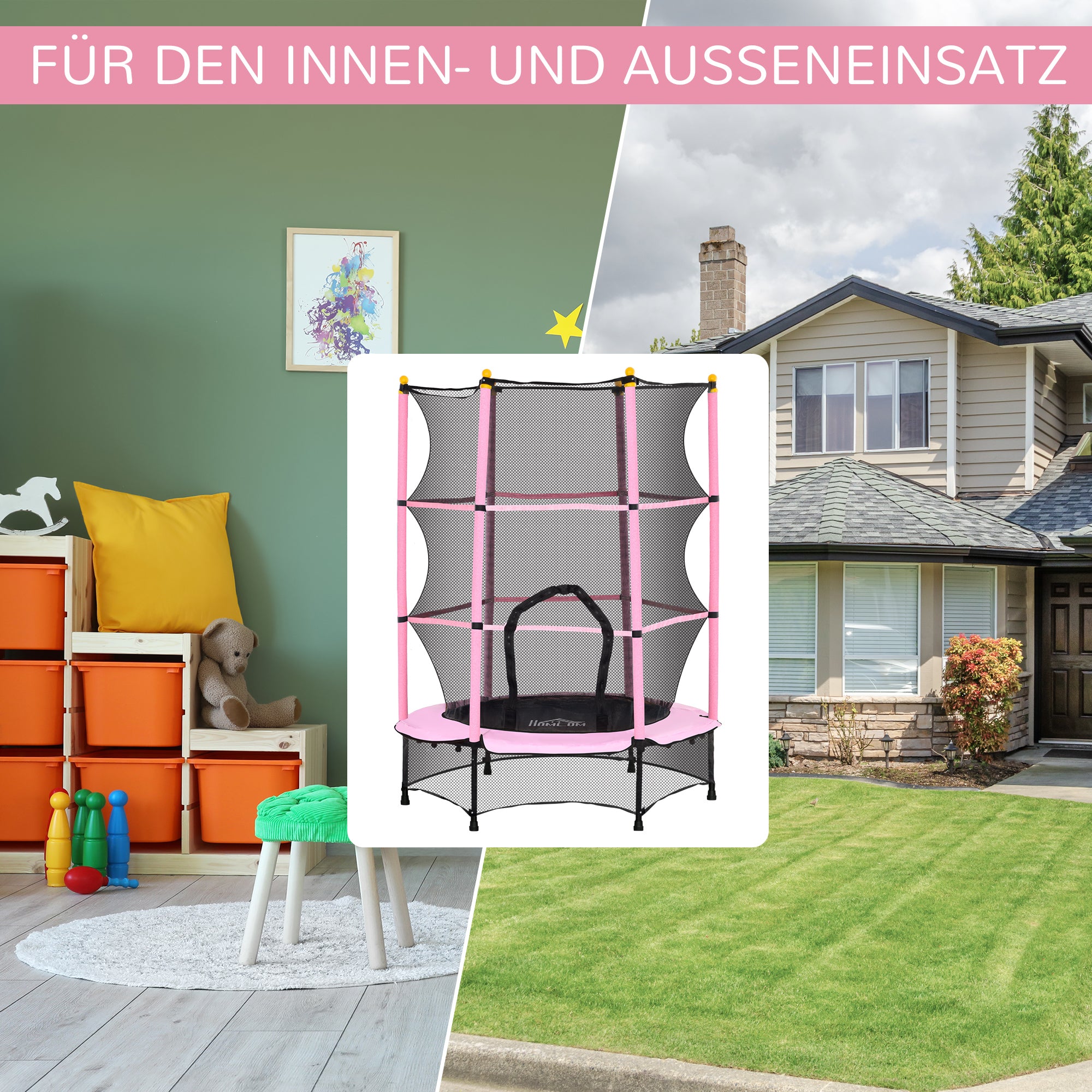 HOMCOM Trampolin für Kinder, Ø140 cm, mit Sicherheitsnetz, für innen und außen, Stahl, Kunststoff, belastbar bis 50 kg, Rosa