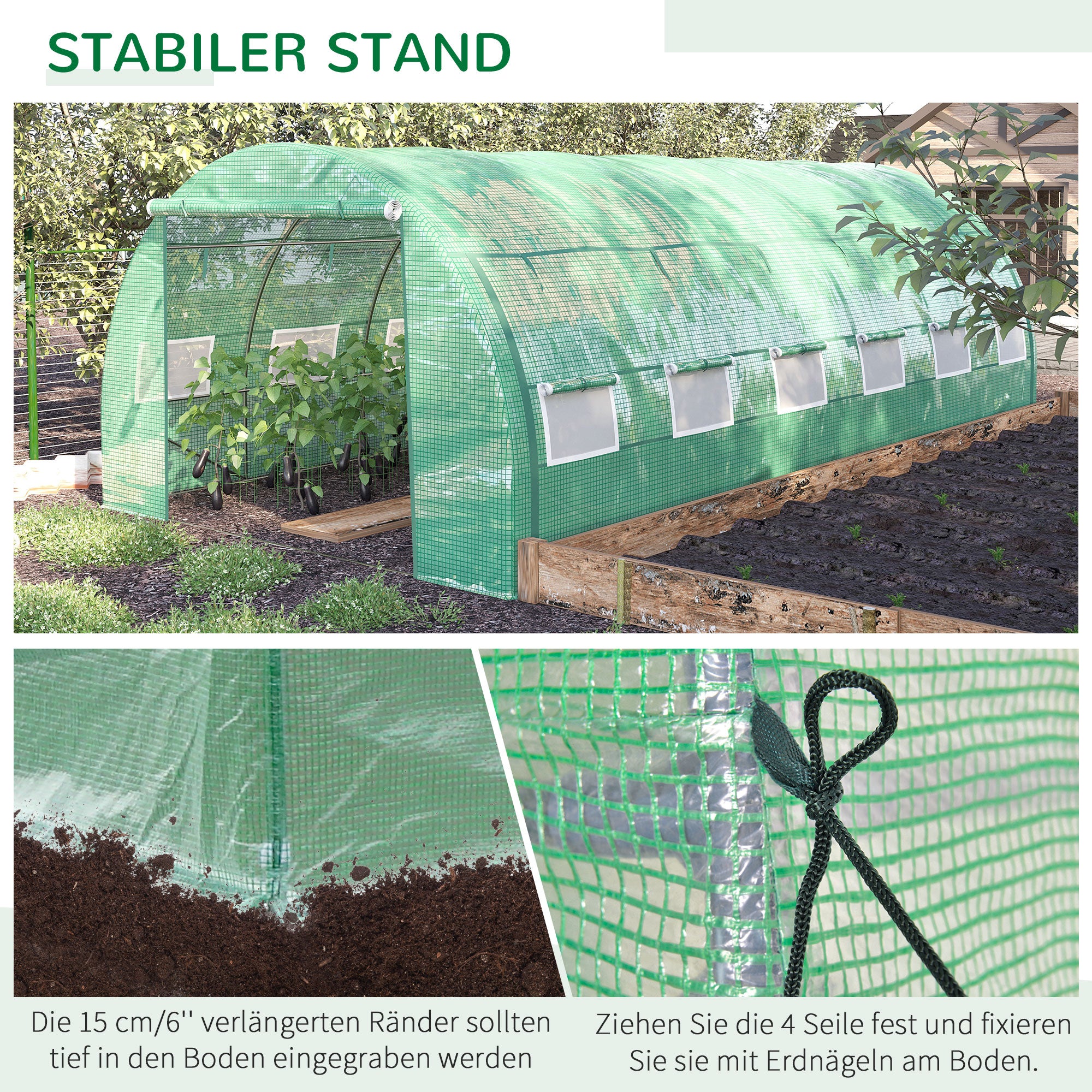 Outsunny Foliengewächshaus Polytunnel 6 x 3 x 2 m begehbares Gewächshaus mit aufrollbar Abdeckungen Folientunnel Treibhaus UV-Schutz Stahlrohr Grün