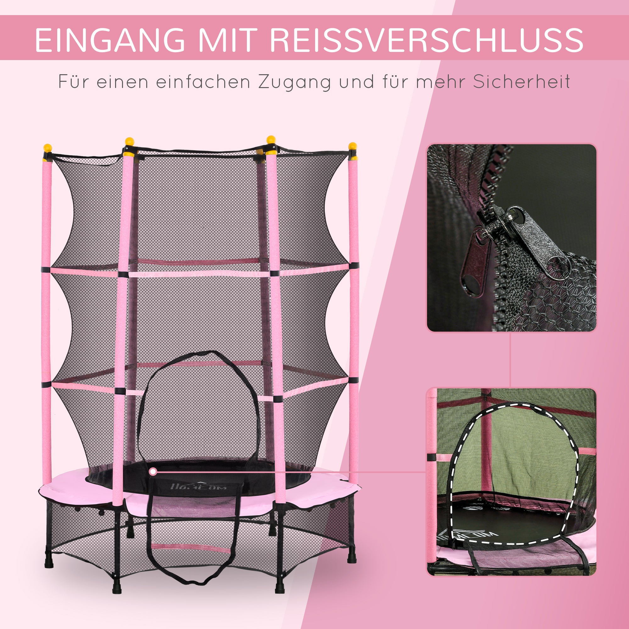 HOMCOM Trampolin für Kinder, Ø140 cm, mit Sicherheitsnetz, für innen und außen, Stahl, Kunststoff, belastbar bis 50 kg, Rosa