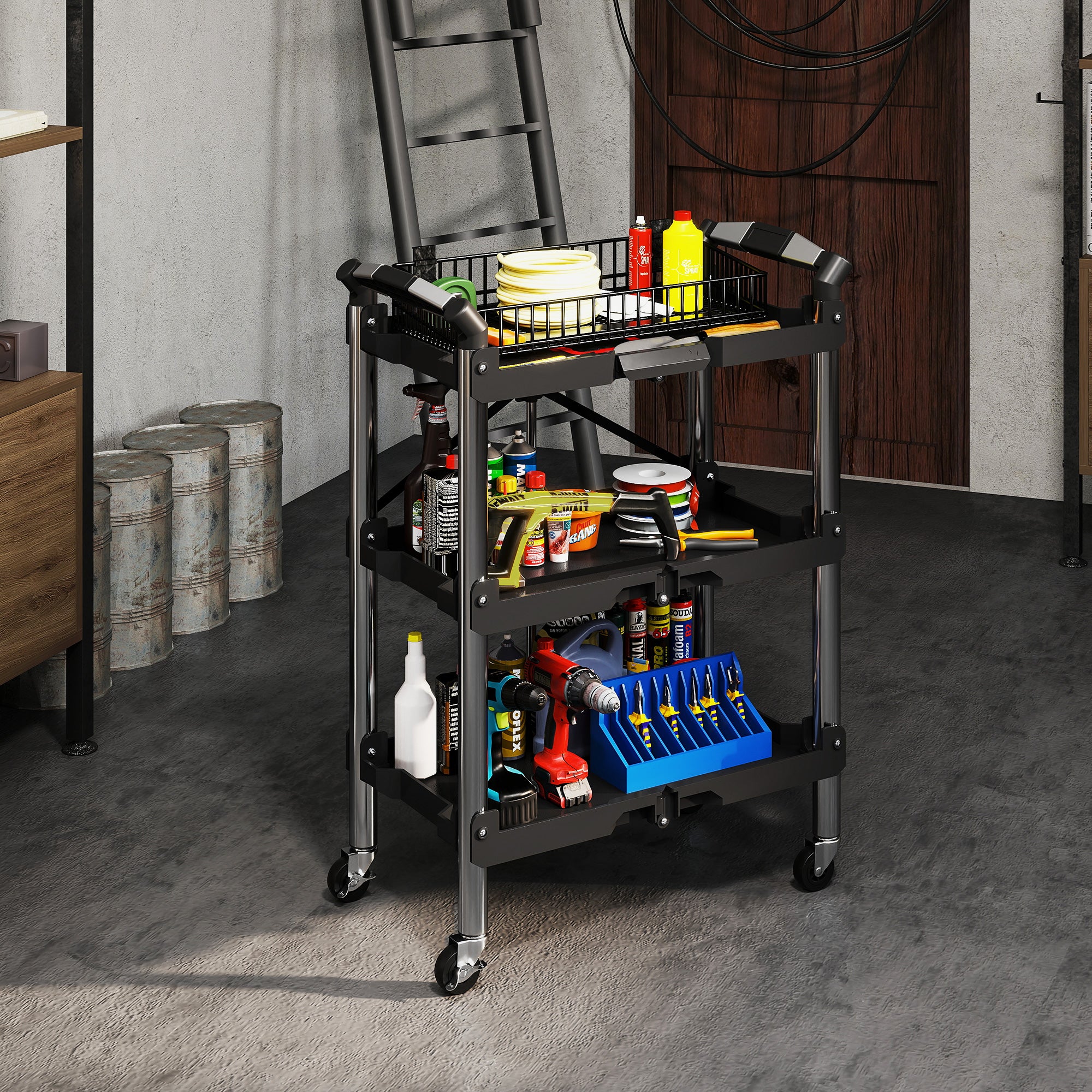 HOMCOM Werkzeug-Trolley, klappbarer 3-stufiger Werkzeugwagen, Kunststoff, Stahl, Schwarz
