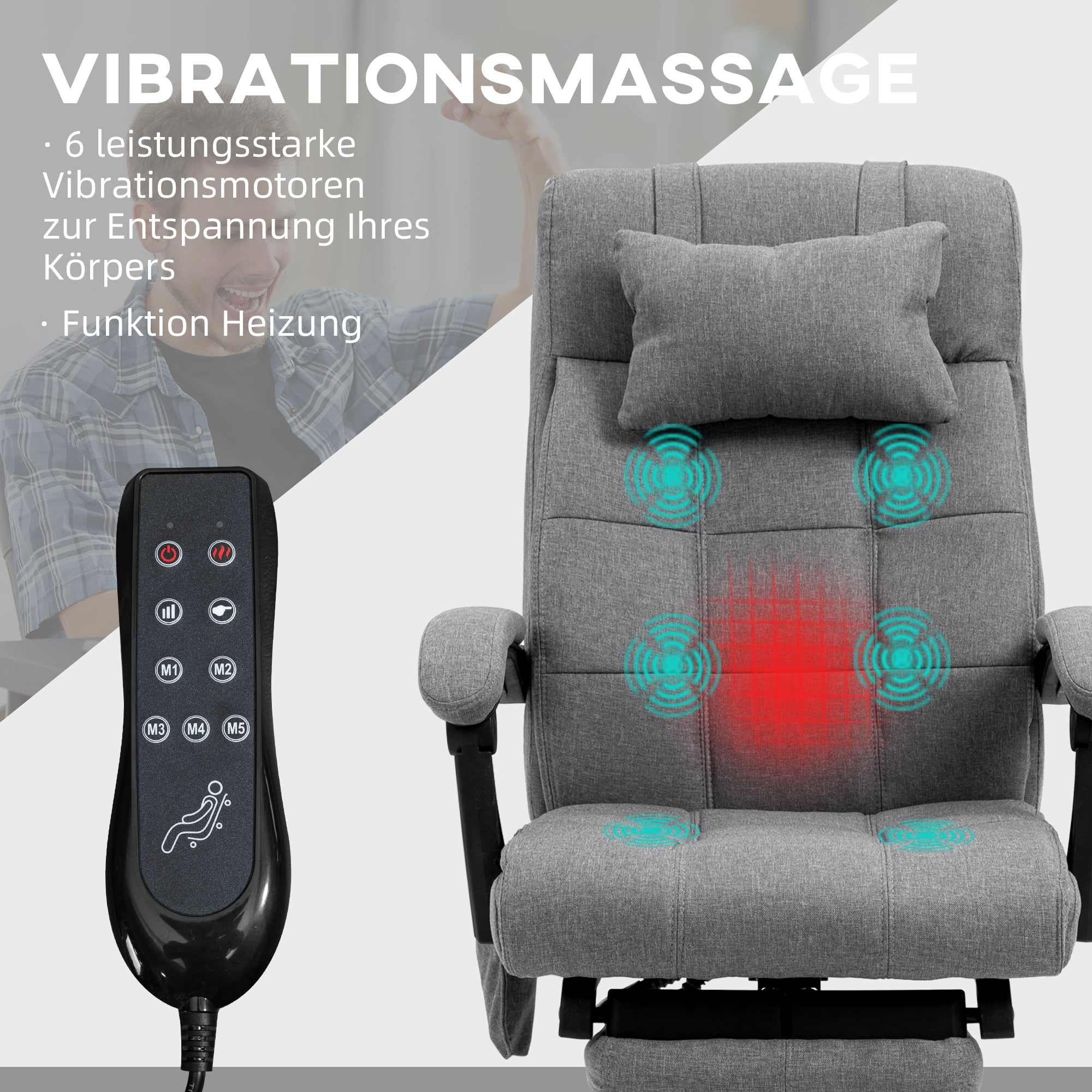 Vinsetto Bürostuhl mit Massagefunktion, ergonomisch, 66x76x112-120cm, Grau