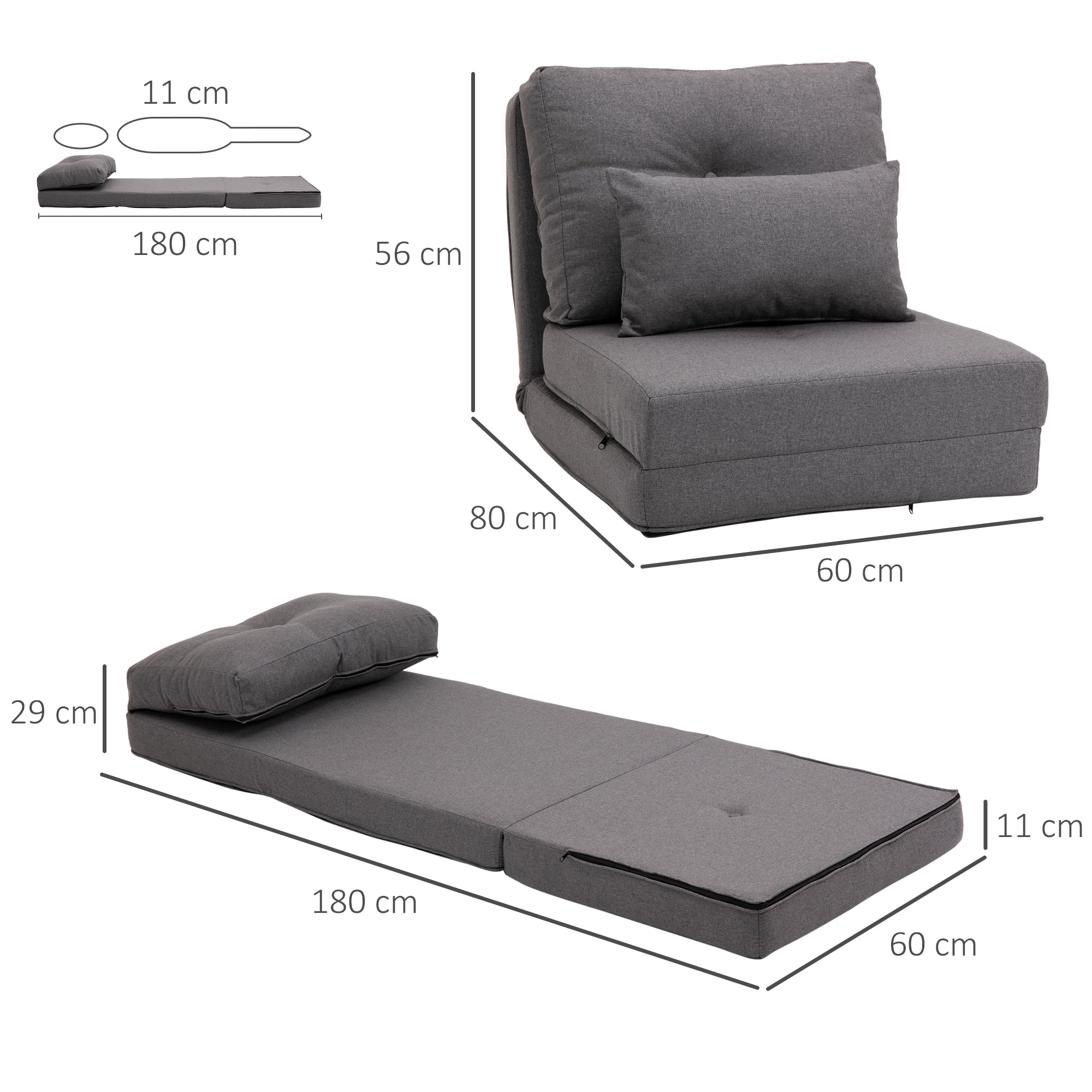 HOMCOM Bodensessel Klappmatratze Schlafmatte, 2-in-1-Design, abnehmbares Kissen, 60 x 80 x 56 cm, Dunkelgrau