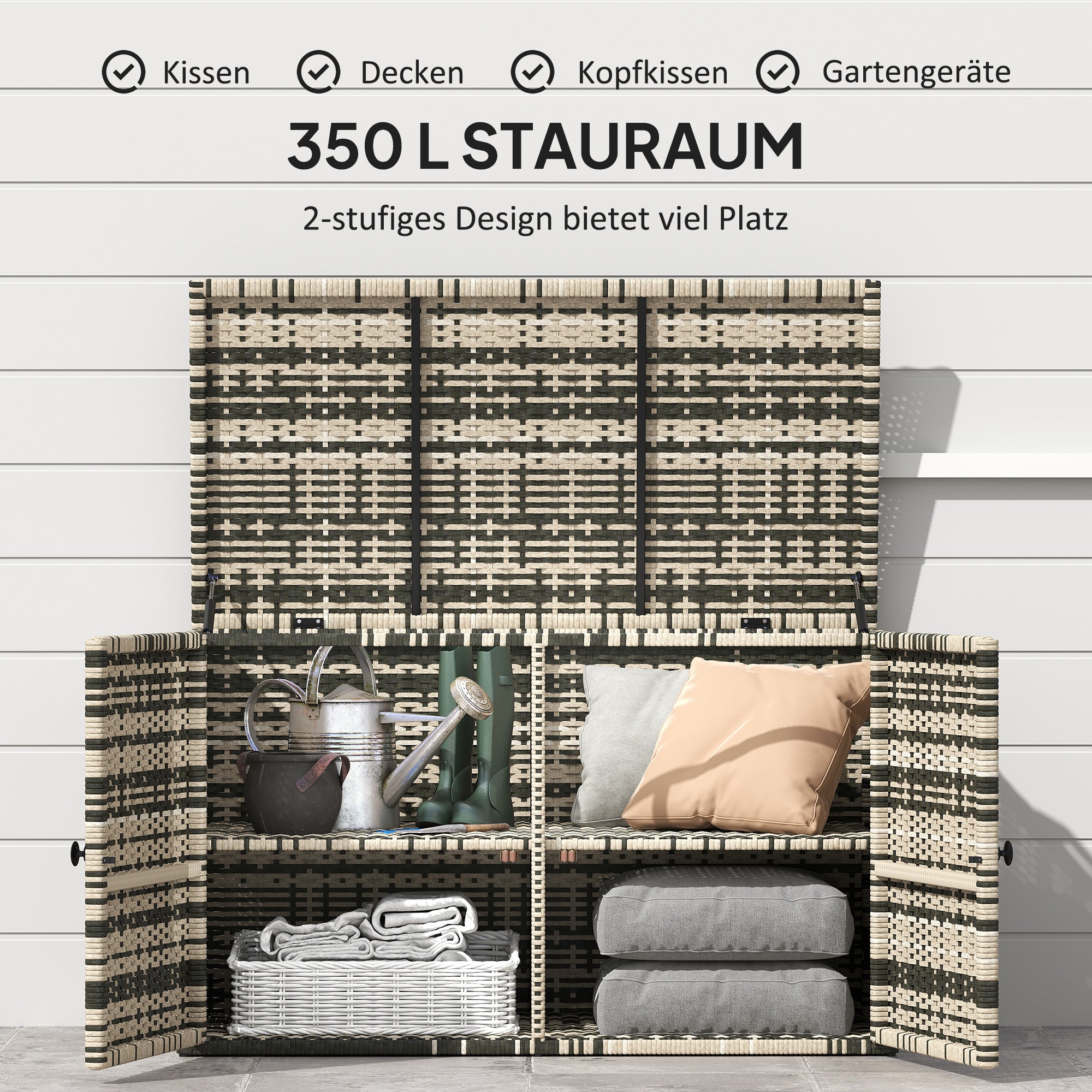Outsunny Rattan Auflagenbox 350L 2-Ebenne Kissenbox mit Deckel Hebestangen Tragegriffe 118 x 57 x 69 cm Mischgrau