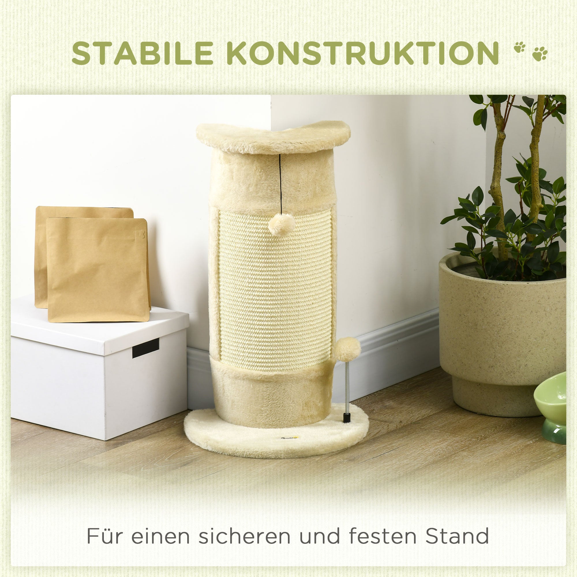 PawHut Kratzbaum mit Spielzeug, inkl. 2 Bälle. weicher Plüsch, 34 cm x 25,5 cm x 58 cm, Cremeweiß