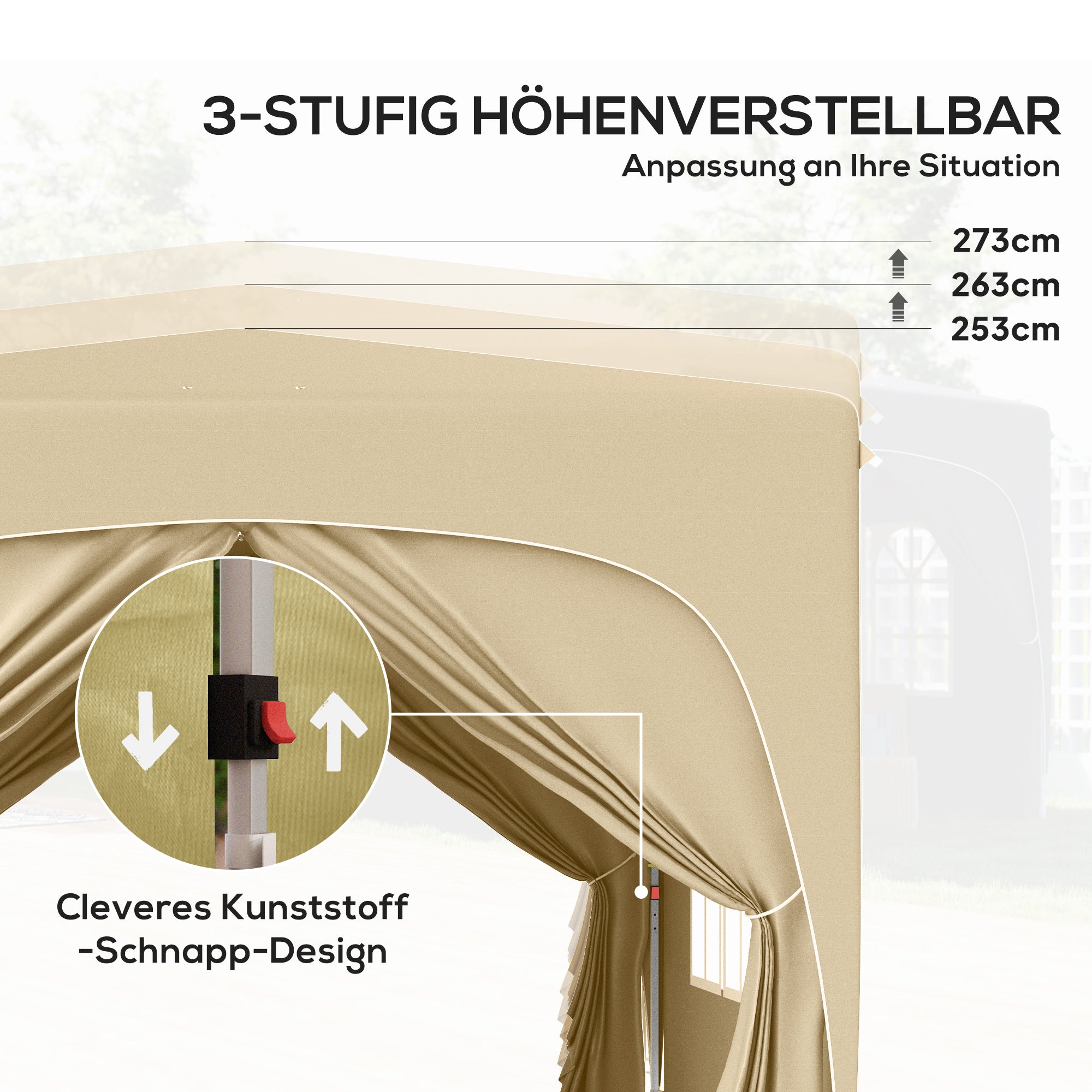 Outsunny 3 x 3 m Pavillon, Pop-up Gartenzelt mit Seitenwänden und Tragetasche, UPF50+, höhenverstellbar, Sand
